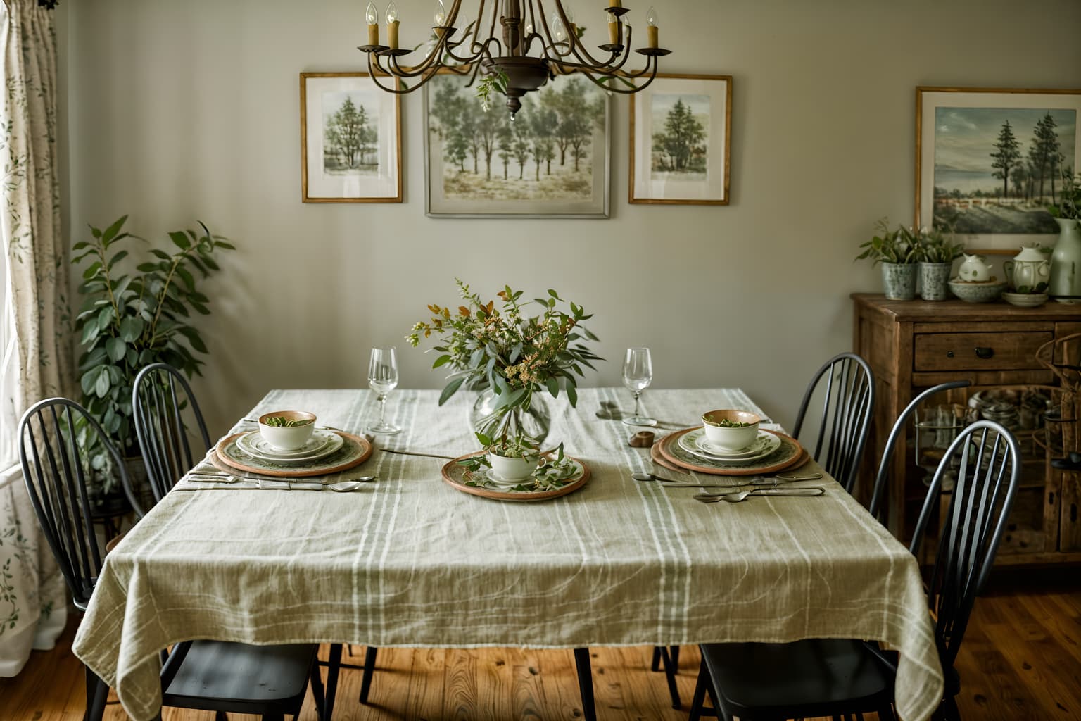cottagecore-style (dining room interior) with dining table chairs and plant and vase and table cloth and plates, cutlery and glasses on dining table and light or chandelier and painting or photo on wall and dining table. . with natural and muted colors and floral patterns and organic and cottage style and country style and earthy and traditional. . cinematic photo, highly detailed, cinematic lighting, ultra-detailed, ultrarealistic, photorealism, 8k. cottagecore interior design style. masterpiece, cinematic light, ultrarealistic+, photorealistic+, 8k, raw photo, realistic, sharp focus on eyes, (symmetrical eyes), (intact eyes), hyperrealistic, highest quality, best quality, , highly detailed, masterpiece, best quality, extremely detailed 8k wallpaper, masterpiece, best quality, ultra-detailed, best shadow, detailed background, detailed face, detailed eyes, high contrast, best illumination, detailed face, dulux, caustic, dynamic angle, detailed glow. dramatic lighting. highly detailed, insanely detailed hair, symmetrical, intricate details, professionally retouched, 8k high definition. strong bokeh. award winning photo.