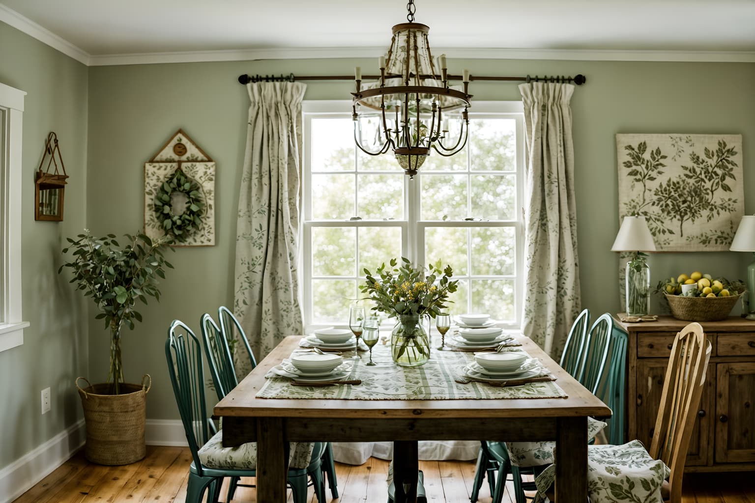 cottagecore-style (dining room interior) with dining table chairs and plant and vase and table cloth and plates, cutlery and glasses on dining table and light or chandelier and painting or photo on wall and dining table. . with natural and muted colors and floral patterns and organic and cottage style and country style and earthy and traditional. . cinematic photo, highly detailed, cinematic lighting, ultra-detailed, ultrarealistic, photorealism, 8k. cottagecore interior design style. masterpiece, cinematic light, ultrarealistic+, photorealistic+, 8k, raw photo, realistic, sharp focus on eyes, (symmetrical eyes), (intact eyes), hyperrealistic, highest quality, best quality, , highly detailed, masterpiece, best quality, extremely detailed 8k wallpaper, masterpiece, best quality, ultra-detailed, best shadow, detailed background, detailed face, detailed eyes, high contrast, best illumination, detailed face, dulux, caustic, dynamic angle, detailed glow. dramatic lighting. highly detailed, insanely detailed hair, symmetrical, intricate details, professionally retouched, 8k high definition. strong bokeh. award winning photo.