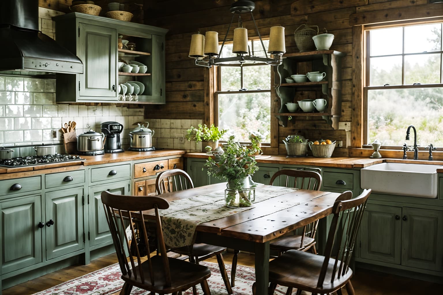 cottagecore-style (kitchen living combo interior) with chairs and furniture and occasional tables and kitchen cabinets and stove and bookshelves and rug and plant. . with rustic and organic and cottage style and natural and country style and floral patterns and earthy and traditional. . cinematic photo, highly detailed, cinematic lighting, ultra-detailed, ultrarealistic, photorealism, 8k. cottagecore interior design style. masterpiece, cinematic light, ultrarealistic+, photorealistic+, 8k, raw photo, realistic, sharp focus on eyes, (symmetrical eyes), (intact eyes), hyperrealistic, highest quality, best quality, , highly detailed, masterpiece, best quality, extremely detailed 8k wallpaper, masterpiece, best quality, ultra-detailed, best shadow, detailed background, detailed face, detailed eyes, high contrast, best illumination, detailed face, dulux, caustic, dynamic angle, detailed glow. dramatic lighting. highly detailed, insanely detailed hair, symmetrical, intricate details, professionally retouched, 8k high definition. strong bokeh. award winning photo.