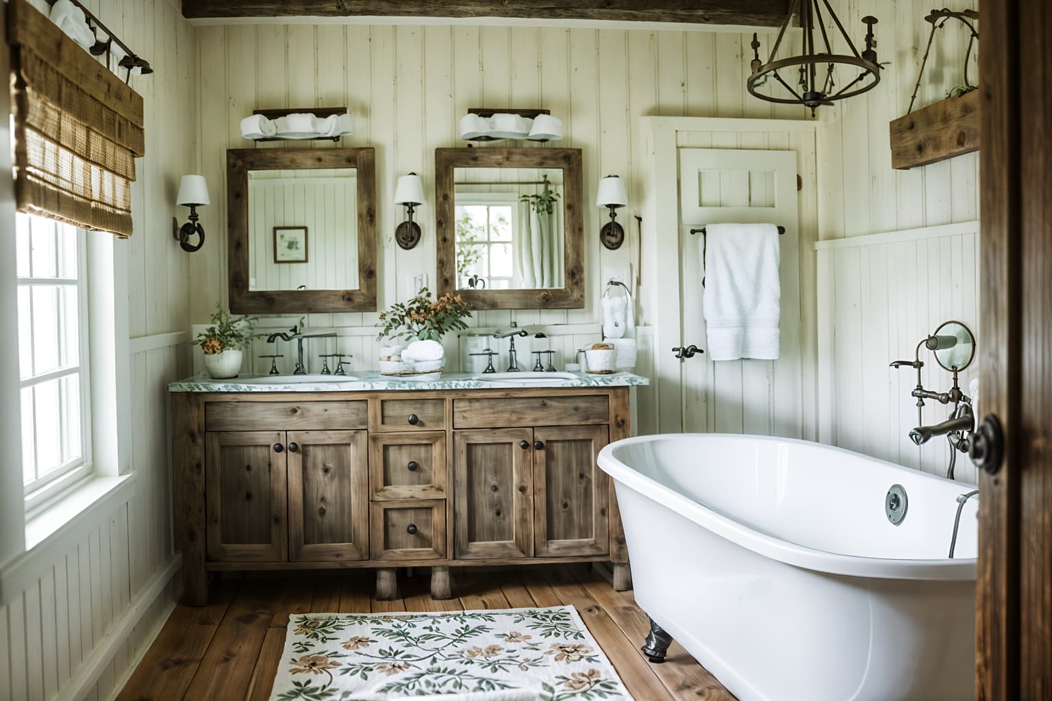 cottagecore-style (hotel bathroom interior) with bath towel and plant and toilet seat and shower and bathroom cabinet and bathtub and bath rail and mirror. . with traditional and cottage style and rustic and country style and floral patterns and organic and earthy and muted colors. . cinematic photo, highly detailed, cinematic lighting, ultra-detailed, ultrarealistic, photorealism, 8k. cottagecore interior design style. masterpiece, cinematic light, ultrarealistic+, photorealistic+, 8k, raw photo, realistic, sharp focus on eyes, (symmetrical eyes), (intact eyes), hyperrealistic, highest quality, best quality, , highly detailed, masterpiece, best quality, extremely detailed 8k wallpaper, masterpiece, best quality, ultra-detailed, best shadow, detailed background, detailed face, detailed eyes, high contrast, best illumination, detailed face, dulux, caustic, dynamic angle, detailed glow. dramatic lighting. highly detailed, insanely detailed hair, symmetrical, intricate details, professionally retouched, 8k high definition. strong bokeh. award winning photo.