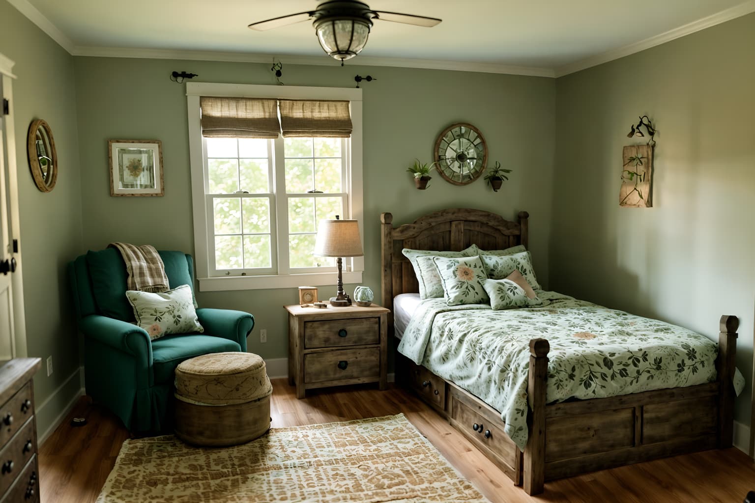 cottagecore-style (kids room interior) with plant and dresser closet and bedside table or night stand and night light and bed and accent chair and mirror and storage bench or ottoman. . with muted colors and natural and floral patterns and organic and rustic and earthy and country style and traditional. . cinematic photo, highly detailed, cinematic lighting, ultra-detailed, ultrarealistic, photorealism, 8k. cottagecore interior design style. masterpiece, cinematic light, ultrarealistic+, photorealistic+, 8k, raw photo, realistic, sharp focus on eyes, (symmetrical eyes), (intact eyes), hyperrealistic, highest quality, best quality, , highly detailed, masterpiece, best quality, extremely detailed 8k wallpaper, masterpiece, best quality, ultra-detailed, best shadow, detailed background, detailed face, detailed eyes, high contrast, best illumination, detailed face, dulux, caustic, dynamic angle, detailed glow. dramatic lighting. highly detailed, insanely detailed hair, symmetrical, intricate details, professionally retouched, 8k high definition. strong bokeh. award winning photo.
