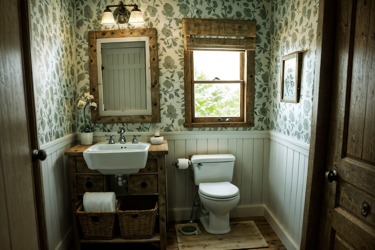 cottagecore-style (toilet interior) with sink with tap and toilet paper hanger and toilet with toilet seat up and sink with tap. . with floral patterns and rustic and earthy and muted colors and organic and natural and cottage style and traditional. . cinematic photo, highly detailed, cinematic lighting, ultra-detailed, ultrarealistic, photorealism, 8k. cottagecore interior design style. masterpiece, cinematic light, ultrarealistic+, photorealistic+, 8k, raw photo, realistic, sharp focus on eyes, (symmetrical eyes), (intact eyes), hyperrealistic, highest quality, best quality, , highly detailed, masterpiece, best quality, extremely detailed 8k wallpaper, masterpiece, best quality, ultra-detailed, best shadow, detailed background, detailed face, detailed eyes, high contrast, best illumination, detailed face, dulux, caustic, dynamic angle, detailed glow. dramatic lighting. highly detailed, insanely detailed hair, symmetrical, intricate details, professionally retouched, 8k high definition. strong bokeh. award winning photo.