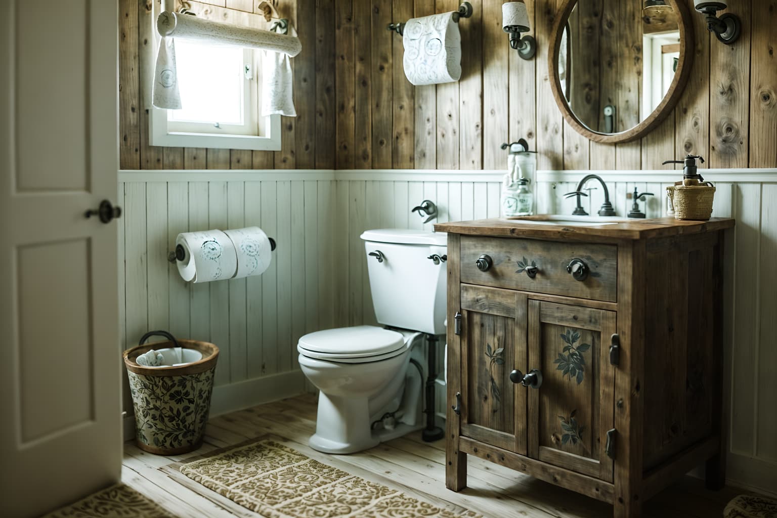 cottagecore-style (toilet interior) with sink with tap and toilet paper hanger and toilet with toilet seat up and sink with tap. . with floral patterns and rustic and earthy and muted colors and organic and natural and cottage style and traditional. . cinematic photo, highly detailed, cinematic lighting, ultra-detailed, ultrarealistic, photorealism, 8k. cottagecore interior design style. masterpiece, cinematic light, ultrarealistic+, photorealistic+, 8k, raw photo, realistic, sharp focus on eyes, (symmetrical eyes), (intact eyes), hyperrealistic, highest quality, best quality, , highly detailed, masterpiece, best quality, extremely detailed 8k wallpaper, masterpiece, best quality, ultra-detailed, best shadow, detailed background, detailed face, detailed eyes, high contrast, best illumination, detailed face, dulux, caustic, dynamic angle, detailed glow. dramatic lighting. highly detailed, insanely detailed hair, symmetrical, intricate details, professionally retouched, 8k high definition. strong bokeh. award winning photo.