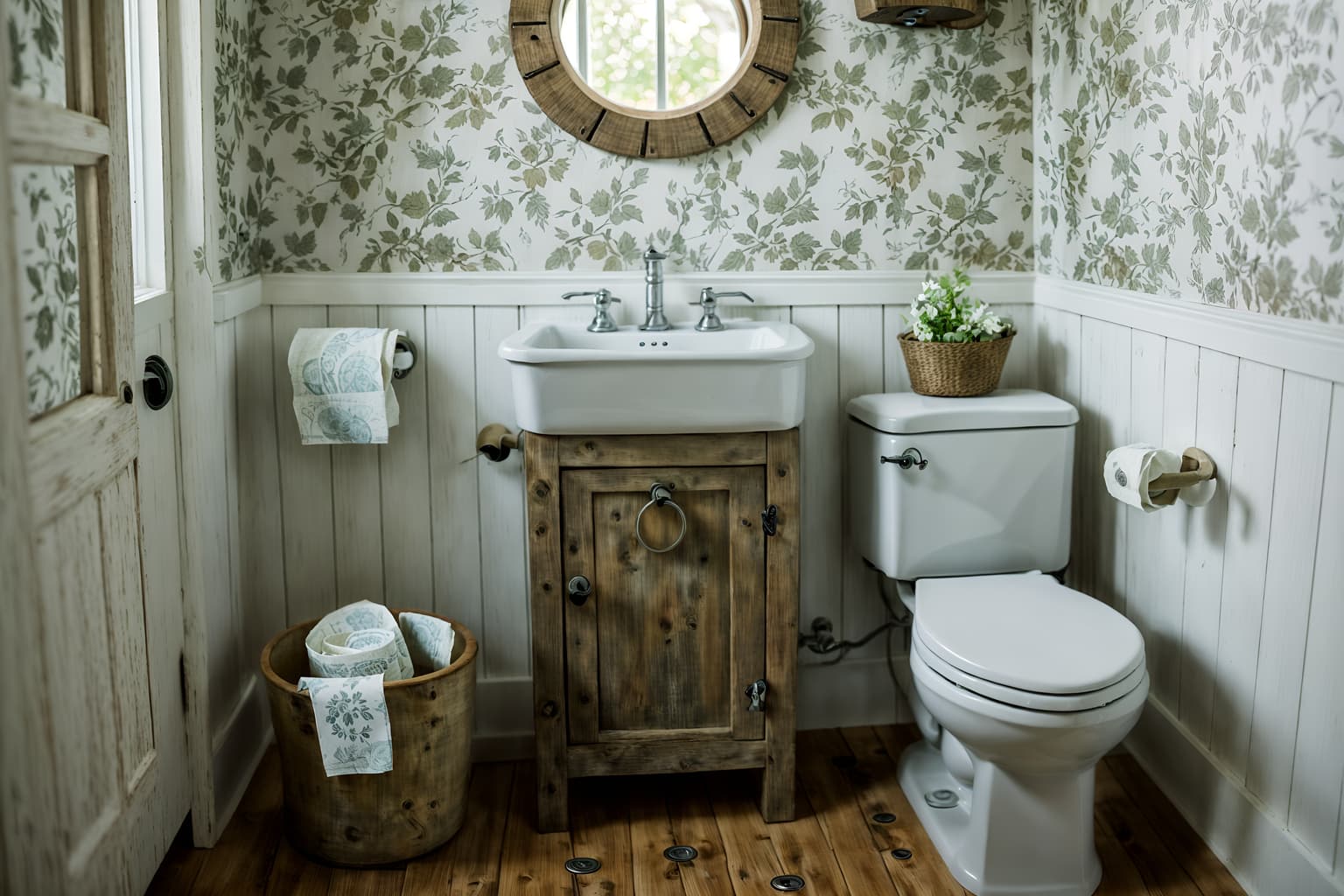 cottagecore-style (toilet interior) with sink with tap and toilet paper hanger and toilet with toilet seat up and sink with tap. . with floral patterns and rustic and earthy and muted colors and organic and natural and cottage style and traditional. . cinematic photo, highly detailed, cinematic lighting, ultra-detailed, ultrarealistic, photorealism, 8k. cottagecore interior design style. masterpiece, cinematic light, ultrarealistic+, photorealistic+, 8k, raw photo, realistic, sharp focus on eyes, (symmetrical eyes), (intact eyes), hyperrealistic, highest quality, best quality, , highly detailed, masterpiece, best quality, extremely detailed 8k wallpaper, masterpiece, best quality, ultra-detailed, best shadow, detailed background, detailed face, detailed eyes, high contrast, best illumination, detailed face, dulux, caustic, dynamic angle, detailed glow. dramatic lighting. highly detailed, insanely detailed hair, symmetrical, intricate details, professionally retouched, 8k high definition. strong bokeh. award winning photo.