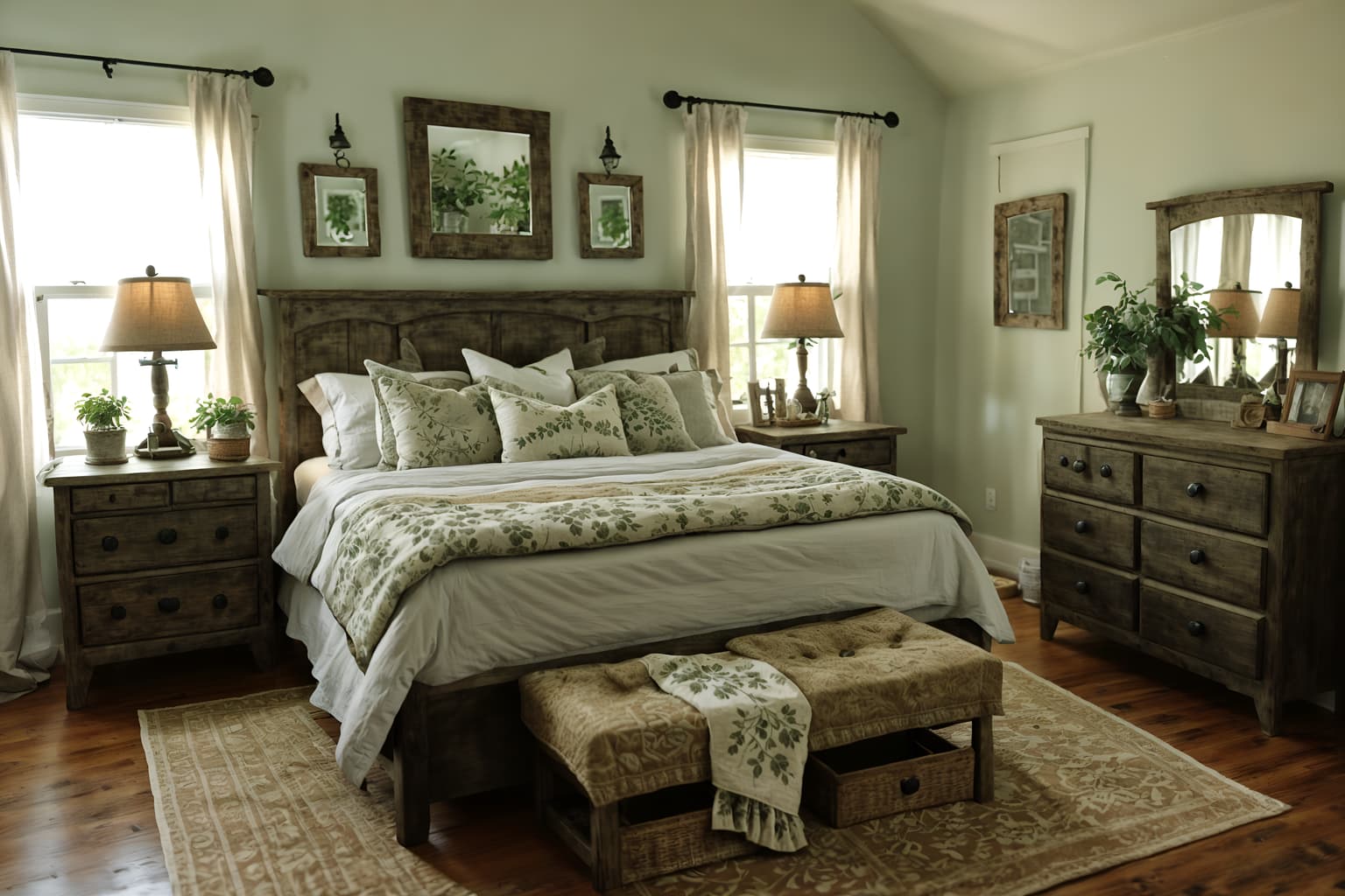 cottagecore-style (bedroom interior) with bedside table or night stand and dresser closet and night light and headboard and plant and mirror and bed and storage bench or ottoman. . with earthy and organic and natural and country style and cottage style and rustic and floral patterns and traditional. . cinematic photo, highly detailed, cinematic lighting, ultra-detailed, ultrarealistic, photorealism, 8k. cottagecore interior design style. masterpiece, cinematic light, ultrarealistic+, photorealistic+, 8k, raw photo, realistic, sharp focus on eyes, (symmetrical eyes), (intact eyes), hyperrealistic, highest quality, best quality, , highly detailed, masterpiece, best quality, extremely detailed 8k wallpaper, masterpiece, best quality, ultra-detailed, best shadow, detailed background, detailed face, detailed eyes, high contrast, best illumination, detailed face, dulux, caustic, dynamic angle, detailed glow. dramatic lighting. highly detailed, insanely detailed hair, symmetrical, intricate details, professionally retouched, 8k high definition. strong bokeh. award winning photo.