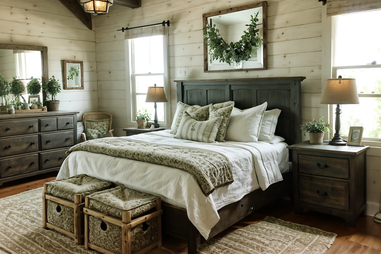cottagecore-style (bedroom interior) with bedside table or night stand and dresser closet and night light and headboard and plant and mirror and bed and storage bench or ottoman. . with earthy and organic and natural and country style and cottage style and rustic and floral patterns and traditional. . cinematic photo, highly detailed, cinematic lighting, ultra-detailed, ultrarealistic, photorealism, 8k. cottagecore interior design style. masterpiece, cinematic light, ultrarealistic+, photorealistic+, 8k, raw photo, realistic, sharp focus on eyes, (symmetrical eyes), (intact eyes), hyperrealistic, highest quality, best quality, , highly detailed, masterpiece, best quality, extremely detailed 8k wallpaper, masterpiece, best quality, ultra-detailed, best shadow, detailed background, detailed face, detailed eyes, high contrast, best illumination, detailed face, dulux, caustic, dynamic angle, detailed glow. dramatic lighting. highly detailed, insanely detailed hair, symmetrical, intricate details, professionally retouched, 8k high definition. strong bokeh. award winning photo.