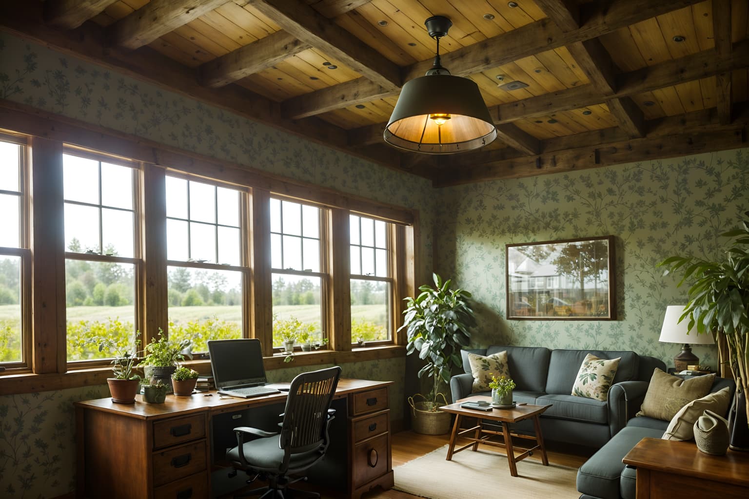 cottagecore-style (office interior) with computer desks and seating area with sofa and desk lamps and office desks and plants and windows and cabinets and lounge chairs. . with cottage style and floral patterns and organic and country style and traditional and earthy and muted colors and natural. . cinematic photo, highly detailed, cinematic lighting, ultra-detailed, ultrarealistic, photorealism, 8k. cottagecore interior design style. masterpiece, cinematic light, ultrarealistic+, photorealistic+, 8k, raw photo, realistic, sharp focus on eyes, (symmetrical eyes), (intact eyes), hyperrealistic, highest quality, best quality, , highly detailed, masterpiece, best quality, extremely detailed 8k wallpaper, masterpiece, best quality, ultra-detailed, best shadow, detailed background, detailed face, detailed eyes, high contrast, best illumination, detailed face, dulux, caustic, dynamic angle, detailed glow. dramatic lighting. highly detailed, insanely detailed hair, symmetrical, intricate details, professionally retouched, 8k high definition. strong bokeh. award winning photo.