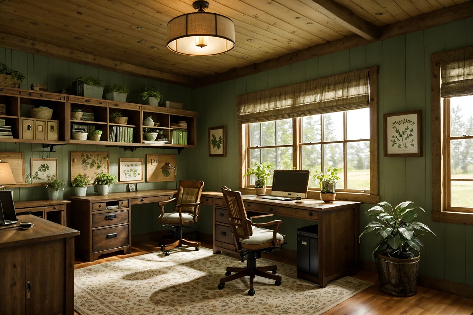 cottagecore-style (office interior) with computer desks and seating area with sofa and desk lamps and office desks and plants and windows and cabinets and lounge chairs. . with cottage style and floral patterns and organic and country style and traditional and earthy and muted colors and natural. . cinematic photo, highly detailed, cinematic lighting, ultra-detailed, ultrarealistic, photorealism, 8k. cottagecore interior design style. masterpiece, cinematic light, ultrarealistic+, photorealistic+, 8k, raw photo, realistic, sharp focus on eyes, (symmetrical eyes), (intact eyes), hyperrealistic, highest quality, best quality, , highly detailed, masterpiece, best quality, extremely detailed 8k wallpaper, masterpiece, best quality, ultra-detailed, best shadow, detailed background, detailed face, detailed eyes, high contrast, best illumination, detailed face, dulux, caustic, dynamic angle, detailed glow. dramatic lighting. highly detailed, insanely detailed hair, symmetrical, intricate details, professionally retouched, 8k high definition. strong bokeh. award winning photo.