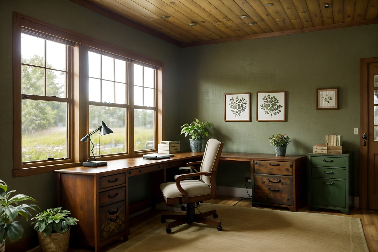 cottagecore-style (office interior) with computer desks and seating area with sofa and desk lamps and office desks and plants and windows and cabinets and lounge chairs. . with cottage style and floral patterns and organic and country style and traditional and earthy and muted colors and natural. . cinematic photo, highly detailed, cinematic lighting, ultra-detailed, ultrarealistic, photorealism, 8k. cottagecore interior design style. masterpiece, cinematic light, ultrarealistic+, photorealistic+, 8k, raw photo, realistic, sharp focus on eyes, (symmetrical eyes), (intact eyes), hyperrealistic, highest quality, best quality, , highly detailed, masterpiece, best quality, extremely detailed 8k wallpaper, masterpiece, best quality, ultra-detailed, best shadow, detailed background, detailed face, detailed eyes, high contrast, best illumination, detailed face, dulux, caustic, dynamic angle, detailed glow. dramatic lighting. highly detailed, insanely detailed hair, symmetrical, intricate details, professionally retouched, 8k high definition. strong bokeh. award winning photo.