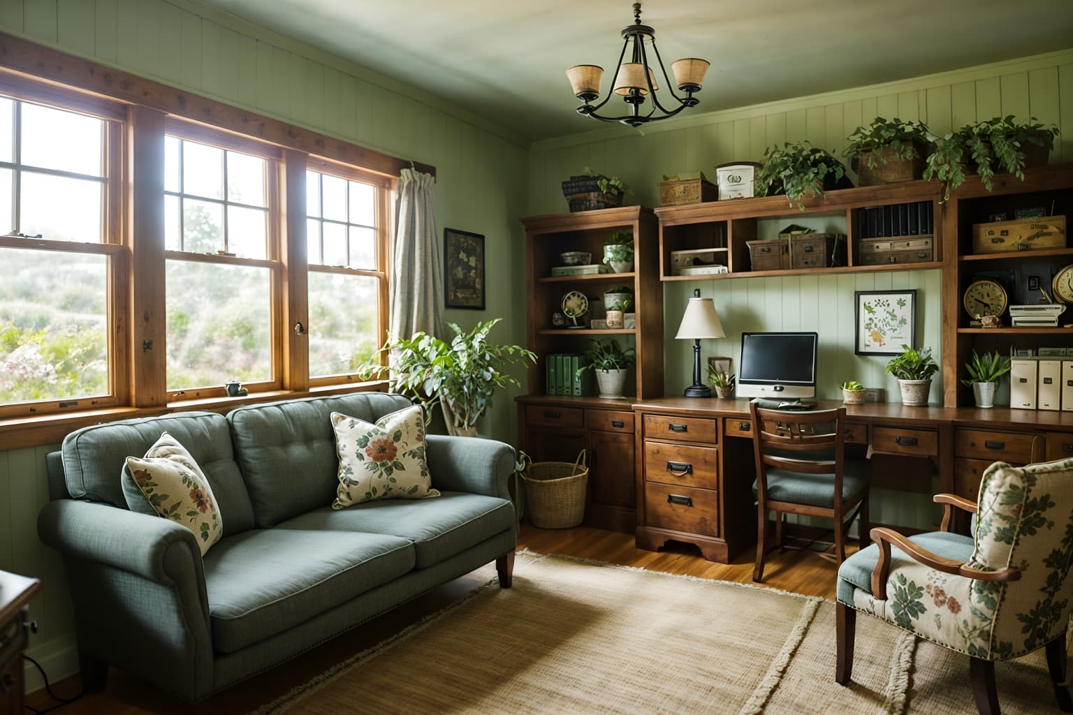 cottagecore-style (office interior) with computer desks and seating area with sofa and desk lamps and office desks and plants and windows and cabinets and lounge chairs. . with cottage style and floral patterns and organic and country style and traditional and earthy and muted colors and natural. . cinematic photo, highly detailed, cinematic lighting, ultra-detailed, ultrarealistic, photorealism, 8k. cottagecore interior design style. masterpiece, cinematic light, ultrarealistic+, photorealistic+, 8k, raw photo, realistic, sharp focus on eyes, (symmetrical eyes), (intact eyes), hyperrealistic, highest quality, best quality, , highly detailed, masterpiece, best quality, extremely detailed 8k wallpaper, masterpiece, best quality, ultra-detailed, best shadow, detailed background, detailed face, detailed eyes, high contrast, best illumination, detailed face, dulux, caustic, dynamic angle, detailed glow. dramatic lighting. highly detailed, insanely detailed hair, symmetrical, intricate details, professionally retouched, 8k high definition. strong bokeh. award winning photo.