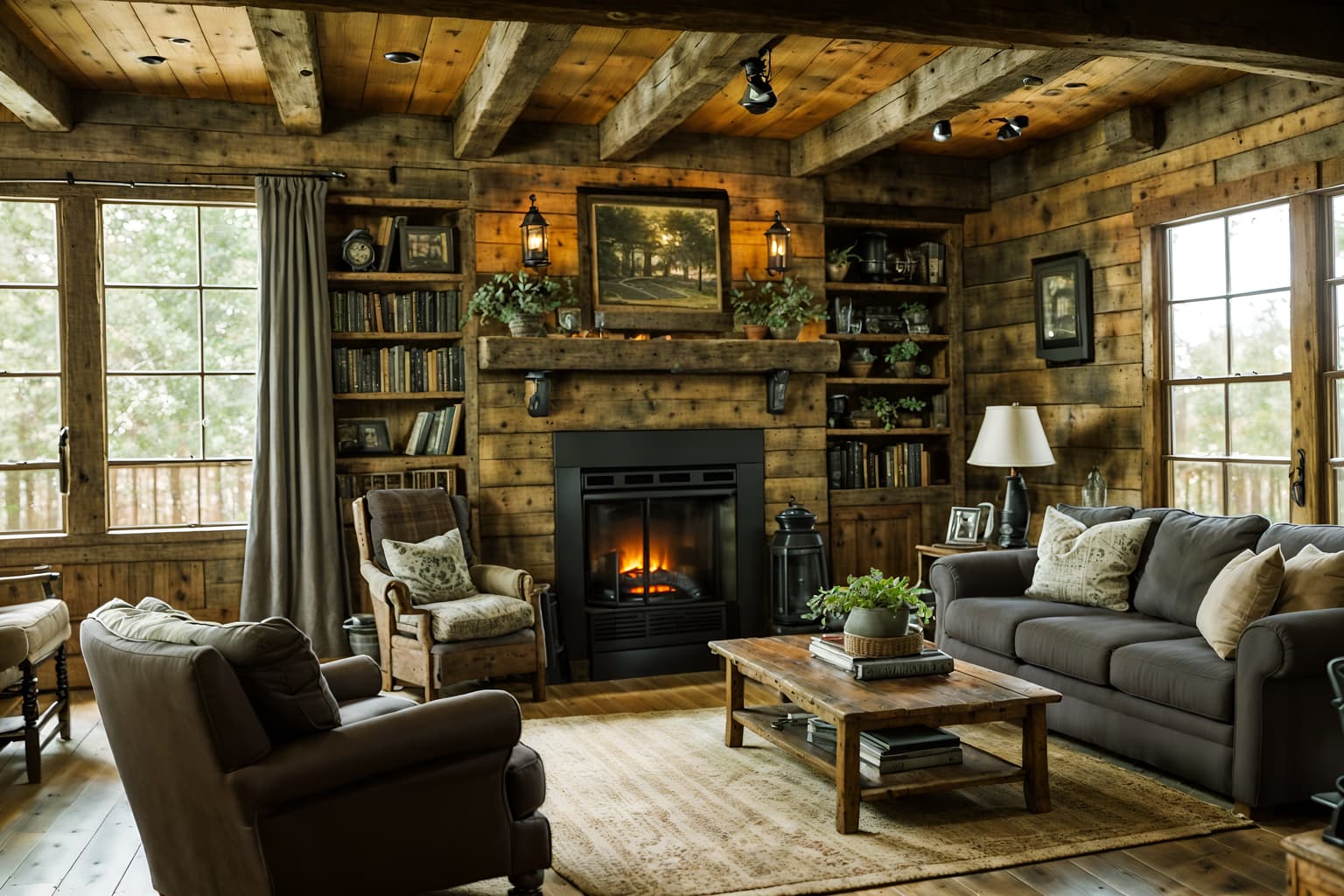 cottagecore-style (living room interior) with televisions and coffee tables and occasional tables and chairs and electric lamps and plant and bookshelves and furniture. . with cottage style and traditional and natural and rustic and earthy and muted colors and country style and organic. . cinematic photo, highly detailed, cinematic lighting, ultra-detailed, ultrarealistic, photorealism, 8k. cottagecore interior design style. masterpiece, cinematic light, ultrarealistic+, photorealistic+, 8k, raw photo, realistic, sharp focus on eyes, (symmetrical eyes), (intact eyes), hyperrealistic, highest quality, best quality, , highly detailed, masterpiece, best quality, extremely detailed 8k wallpaper, masterpiece, best quality, ultra-detailed, best shadow, detailed background, detailed face, detailed eyes, high contrast, best illumination, detailed face, dulux, caustic, dynamic angle, detailed glow. dramatic lighting. highly detailed, insanely detailed hair, symmetrical, intricate details, professionally retouched, 8k high definition. strong bokeh. award winning photo.