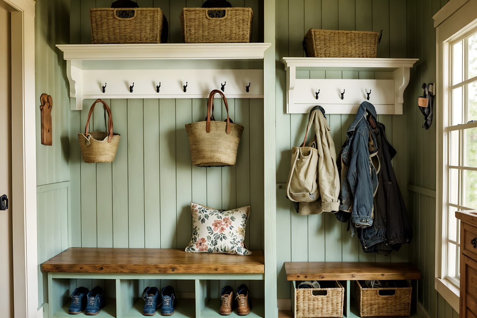 cottagecore-style (mudroom interior) with storage drawers and shelves for shoes and cubbies and cabinets and wall hooks for coats and high up storage and storage baskets and a bench. . with natural and cottage style and muted colors and floral patterns and traditional and organic and rustic and country style. . cinematic photo, highly detailed, cinematic lighting, ultra-detailed, ultrarealistic, photorealism, 8k. cottagecore interior design style. masterpiece, cinematic light, ultrarealistic+, photorealistic+, 8k, raw photo, realistic, sharp focus on eyes, (symmetrical eyes), (intact eyes), hyperrealistic, highest quality, best quality, , highly detailed, masterpiece, best quality, extremely detailed 8k wallpaper, masterpiece, best quality, ultra-detailed, best shadow, detailed background, detailed face, detailed eyes, high contrast, best illumination, detailed face, dulux, caustic, dynamic angle, detailed glow. dramatic lighting. highly detailed, insanely detailed hair, symmetrical, intricate details, professionally retouched, 8k high definition. strong bokeh. award winning photo.