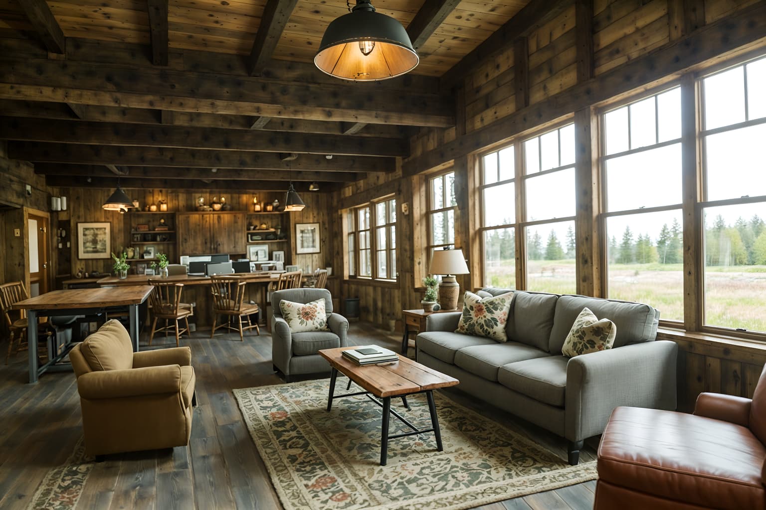cottagecore-style (coworking space interior) with office desks and office chairs and seating area with sofa and lounge chairs and office desks. . with organic and earthy and floral patterns and cottage style and traditional and muted colors and country style and rustic. . cinematic photo, highly detailed, cinematic lighting, ultra-detailed, ultrarealistic, photorealism, 8k. cottagecore interior design style. masterpiece, cinematic light, ultrarealistic+, photorealistic+, 8k, raw photo, realistic, sharp focus on eyes, (symmetrical eyes), (intact eyes), hyperrealistic, highest quality, best quality, , highly detailed, masterpiece, best quality, extremely detailed 8k wallpaper, masterpiece, best quality, ultra-detailed, best shadow, detailed background, detailed face, detailed eyes, high contrast, best illumination, detailed face, dulux, caustic, dynamic angle, detailed glow. dramatic lighting. highly detailed, insanely detailed hair, symmetrical, intricate details, professionally retouched, 8k high definition. strong bokeh. award winning photo.