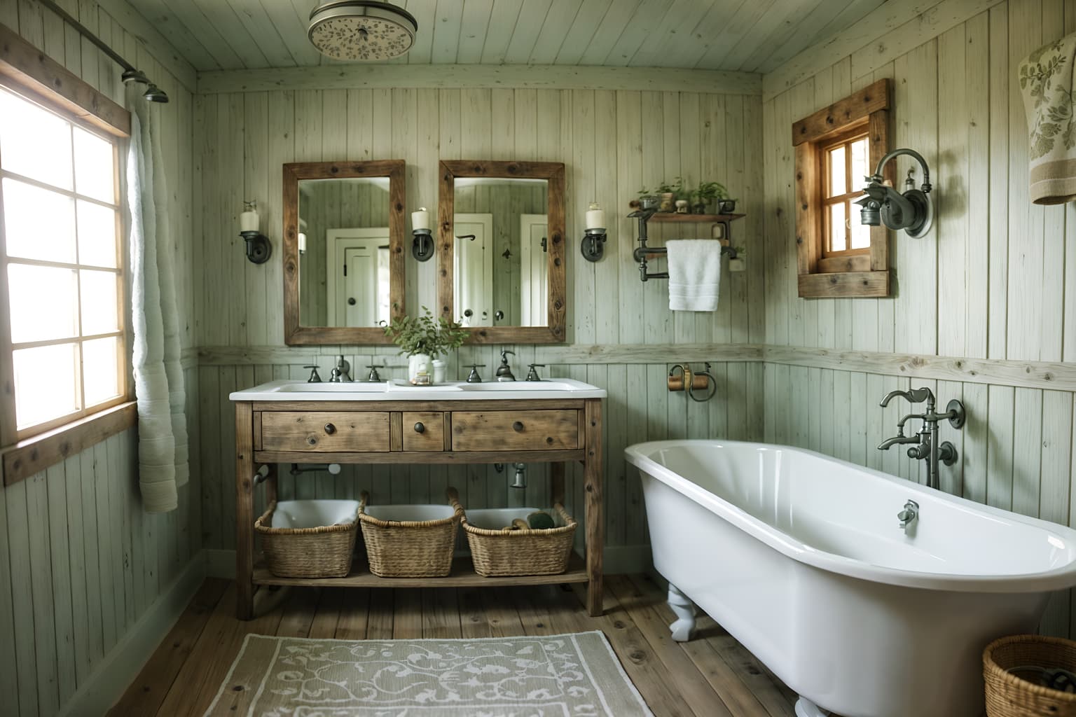 cottagecore-style (bathroom interior) with shower and bath towel and toilet seat and bathtub and bathroom sink with faucet and bathroom cabinet and bath rail and plant. . with earthy and muted colors and cottage style and natural and traditional and floral patterns and rustic and country style. . cinematic photo, highly detailed, cinematic lighting, ultra-detailed, ultrarealistic, photorealism, 8k. cottagecore interior design style. masterpiece, cinematic light, ultrarealistic+, photorealistic+, 8k, raw photo, realistic, sharp focus on eyes, (symmetrical eyes), (intact eyes), hyperrealistic, highest quality, best quality, , highly detailed, masterpiece, best quality, extremely detailed 8k wallpaper, masterpiece, best quality, ultra-detailed, best shadow, detailed background, detailed face, detailed eyes, high contrast, best illumination, detailed face, dulux, caustic, dynamic angle, detailed glow. dramatic lighting. highly detailed, insanely detailed hair, symmetrical, intricate details, professionally retouched, 8k high definition. strong bokeh. award winning photo.