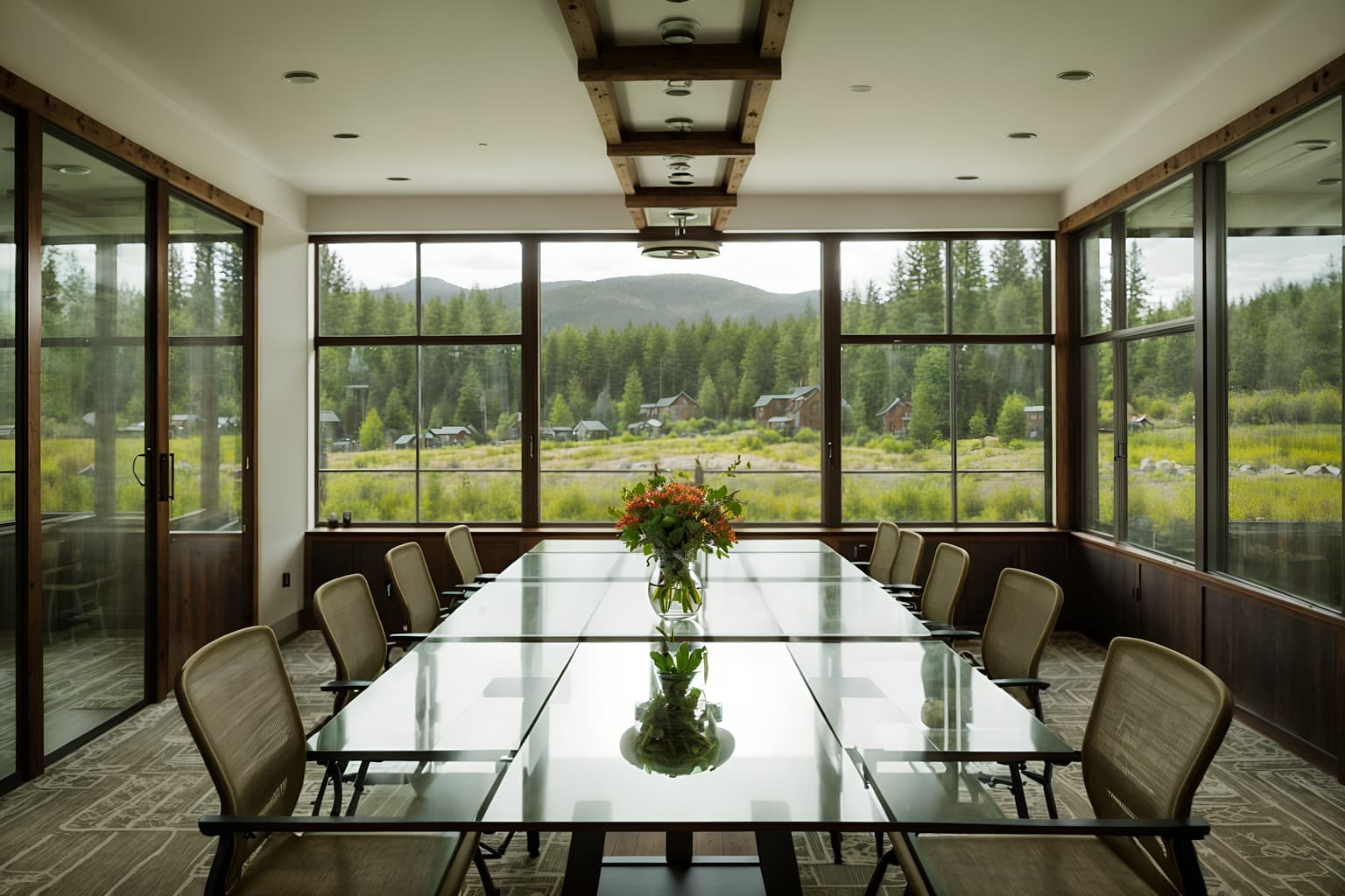 cottagecore-style (meeting room interior) with glass walls and boardroom table and cabinets and vase and glass doors and plant and office chairs and painting or photo on wall. . with earthy and floral patterns and traditional and muted colors and natural and cottage style and country style and rustic. . cinematic photo, highly detailed, cinematic lighting, ultra-detailed, ultrarealistic, photorealism, 8k. cottagecore interior design style. masterpiece, cinematic light, ultrarealistic+, photorealistic+, 8k, raw photo, realistic, sharp focus on eyes, (symmetrical eyes), (intact eyes), hyperrealistic, highest quality, best quality, , highly detailed, masterpiece, best quality, extremely detailed 8k wallpaper, masterpiece, best quality, ultra-detailed, best shadow, detailed background, detailed face, detailed eyes, high contrast, best illumination, detailed face, dulux, caustic, dynamic angle, detailed glow. dramatic lighting. highly detailed, insanely detailed hair, symmetrical, intricate details, professionally retouched, 8k high definition. strong bokeh. award winning photo.