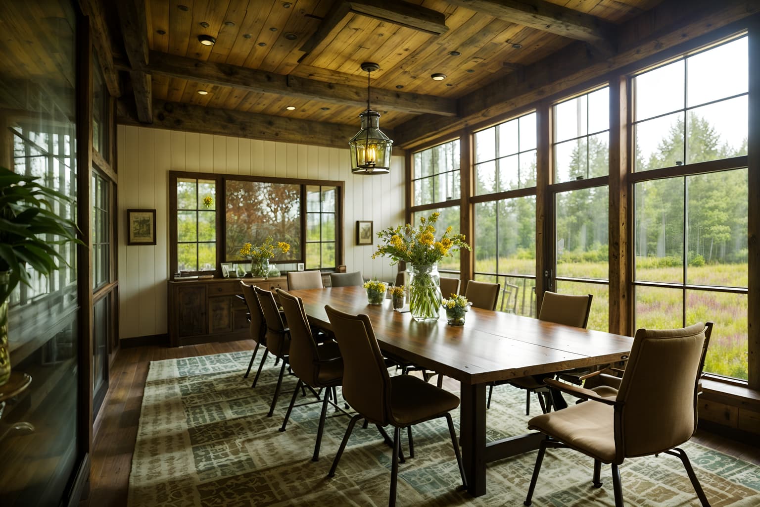 cottagecore-style (meeting room interior) with glass walls and boardroom table and cabinets and vase and glass doors and plant and office chairs and painting or photo on wall. . with earthy and floral patterns and traditional and muted colors and natural and cottage style and country style and rustic. . cinematic photo, highly detailed, cinematic lighting, ultra-detailed, ultrarealistic, photorealism, 8k. cottagecore interior design style. masterpiece, cinematic light, ultrarealistic+, photorealistic+, 8k, raw photo, realistic, sharp focus on eyes, (symmetrical eyes), (intact eyes), hyperrealistic, highest quality, best quality, , highly detailed, masterpiece, best quality, extremely detailed 8k wallpaper, masterpiece, best quality, ultra-detailed, best shadow, detailed background, detailed face, detailed eyes, high contrast, best illumination, detailed face, dulux, caustic, dynamic angle, detailed glow. dramatic lighting. highly detailed, insanely detailed hair, symmetrical, intricate details, professionally retouched, 8k high definition. strong bokeh. award winning photo.