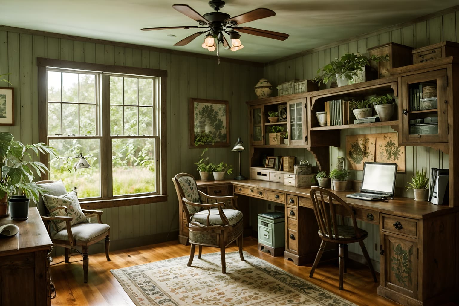 cottagecore-style (home office interior) with plant and cabinets and office chair and desk lamp and computer desk and plant. . with traditional and country style and floral patterns and organic and muted colors and cottage style and rustic and natural. . cinematic photo, highly detailed, cinematic lighting, ultra-detailed, ultrarealistic, photorealism, 8k. cottagecore interior design style. masterpiece, cinematic light, ultrarealistic+, photorealistic+, 8k, raw photo, realistic, sharp focus on eyes, (symmetrical eyes), (intact eyes), hyperrealistic, highest quality, best quality, , highly detailed, masterpiece, best quality, extremely detailed 8k wallpaper, masterpiece, best quality, ultra-detailed, best shadow, detailed background, detailed face, detailed eyes, high contrast, best illumination, detailed face, dulux, caustic, dynamic angle, detailed glow. dramatic lighting. highly detailed, insanely detailed hair, symmetrical, intricate details, professionally retouched, 8k high definition. strong bokeh. award winning photo.