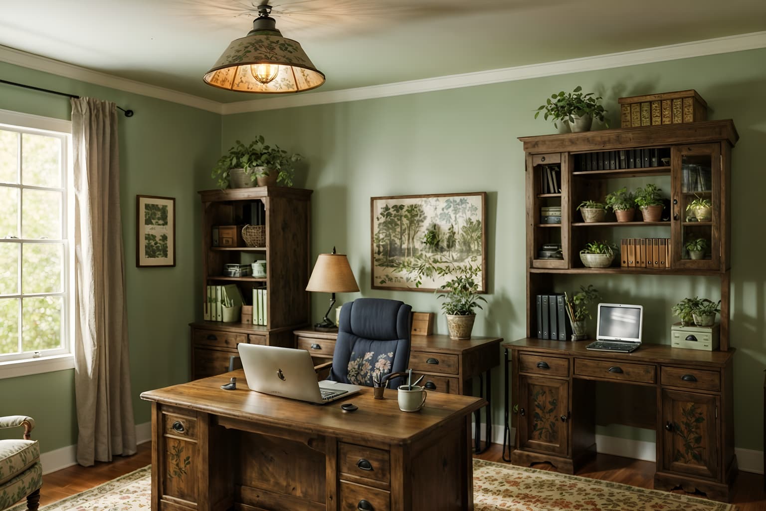 cottagecore-style (home office interior) with plant and cabinets and office chair and desk lamp and computer desk and plant. . with traditional and country style and floral patterns and organic and muted colors and cottage style and rustic and natural. . cinematic photo, highly detailed, cinematic lighting, ultra-detailed, ultrarealistic, photorealism, 8k. cottagecore interior design style. masterpiece, cinematic light, ultrarealistic+, photorealistic+, 8k, raw photo, realistic, sharp focus on eyes, (symmetrical eyes), (intact eyes), hyperrealistic, highest quality, best quality, , highly detailed, masterpiece, best quality, extremely detailed 8k wallpaper, masterpiece, best quality, ultra-detailed, best shadow, detailed background, detailed face, detailed eyes, high contrast, best illumination, detailed face, dulux, caustic, dynamic angle, detailed glow. dramatic lighting. highly detailed, insanely detailed hair, symmetrical, intricate details, professionally retouched, 8k high definition. strong bokeh. award winning photo.
