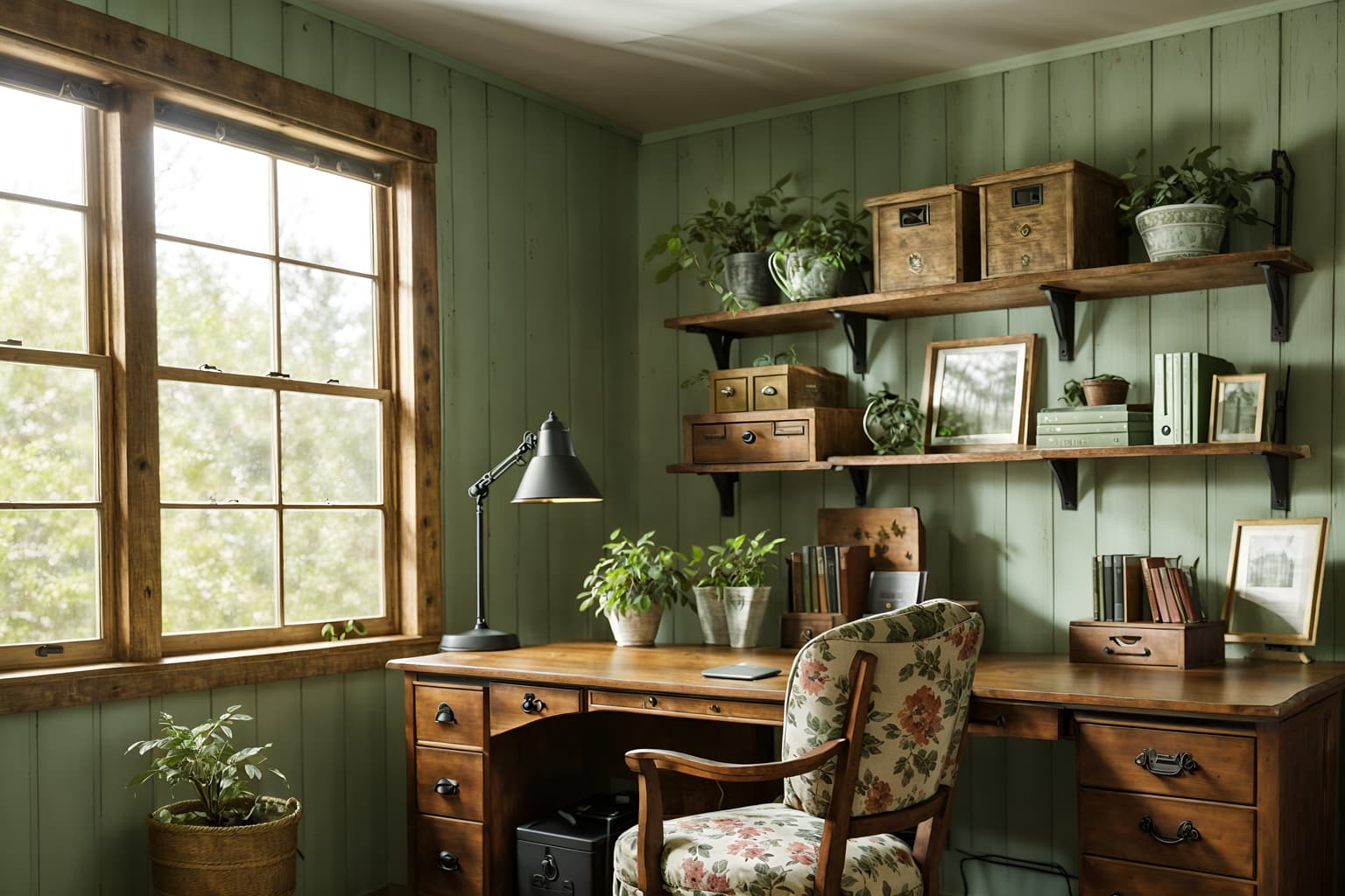 cottagecore-style (home office interior) with plant and cabinets and office chair and desk lamp and computer desk and plant. . with traditional and country style and floral patterns and organic and muted colors and cottage style and rustic and natural. . cinematic photo, highly detailed, cinematic lighting, ultra-detailed, ultrarealistic, photorealism, 8k. cottagecore interior design style. masterpiece, cinematic light, ultrarealistic+, photorealistic+, 8k, raw photo, realistic, sharp focus on eyes, (symmetrical eyes), (intact eyes), hyperrealistic, highest quality, best quality, , highly detailed, masterpiece, best quality, extremely detailed 8k wallpaper, masterpiece, best quality, ultra-detailed, best shadow, detailed background, detailed face, detailed eyes, high contrast, best illumination, detailed face, dulux, caustic, dynamic angle, detailed glow. dramatic lighting. highly detailed, insanely detailed hair, symmetrical, intricate details, professionally retouched, 8k high definition. strong bokeh. award winning photo.
