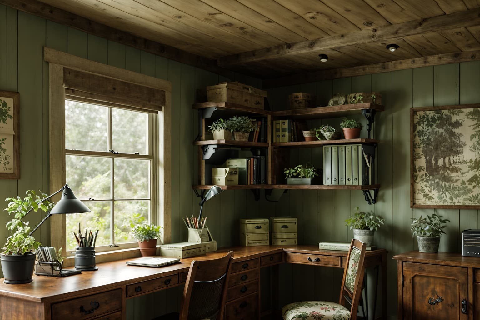 cottagecore-style (home office interior) with plant and cabinets and office chair and desk lamp and computer desk and plant. . with traditional and country style and floral patterns and organic and muted colors and cottage style and rustic and natural. . cinematic photo, highly detailed, cinematic lighting, ultra-detailed, ultrarealistic, photorealism, 8k. cottagecore interior design style. masterpiece, cinematic light, ultrarealistic+, photorealistic+, 8k, raw photo, realistic, sharp focus on eyes, (symmetrical eyes), (intact eyes), hyperrealistic, highest quality, best quality, , highly detailed, masterpiece, best quality, extremely detailed 8k wallpaper, masterpiece, best quality, ultra-detailed, best shadow, detailed background, detailed face, detailed eyes, high contrast, best illumination, detailed face, dulux, caustic, dynamic angle, detailed glow. dramatic lighting. highly detailed, insanely detailed hair, symmetrical, intricate details, professionally retouched, 8k high definition. strong bokeh. award winning photo.