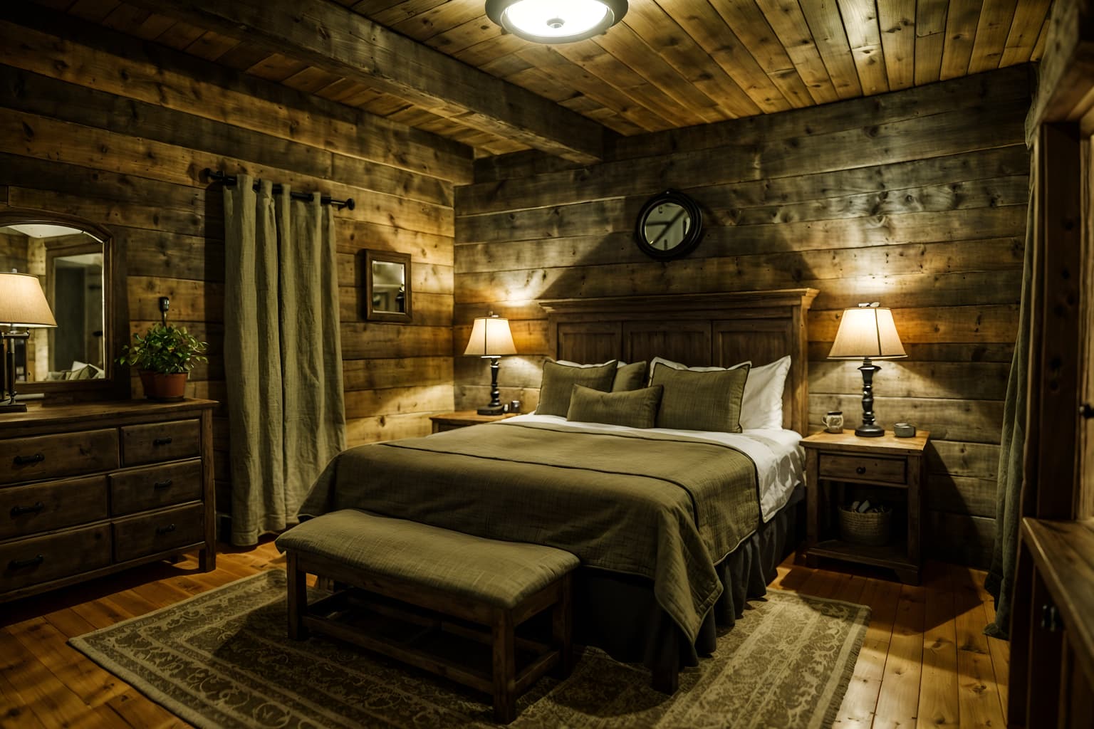 cottagecore-style (hotel room interior) with bed and mirror and night light and hotel bathroom and plant and storage bench or ottoman and bedside table or night stand and accent chair. . with earthy and natural and country style and rustic and traditional and cottage style and muted colors and organic. . cinematic photo, highly detailed, cinematic lighting, ultra-detailed, ultrarealistic, photorealism, 8k. cottagecore interior design style. masterpiece, cinematic light, ultrarealistic+, photorealistic+, 8k, raw photo, realistic, sharp focus on eyes, (symmetrical eyes), (intact eyes), hyperrealistic, highest quality, best quality, , highly detailed, masterpiece, best quality, extremely detailed 8k wallpaper, masterpiece, best quality, ultra-detailed, best shadow, detailed background, detailed face, detailed eyes, high contrast, best illumination, detailed face, dulux, caustic, dynamic angle, detailed glow. dramatic lighting. highly detailed, insanely detailed hair, symmetrical, intricate details, professionally retouched, 8k high definition. strong bokeh. award winning photo.