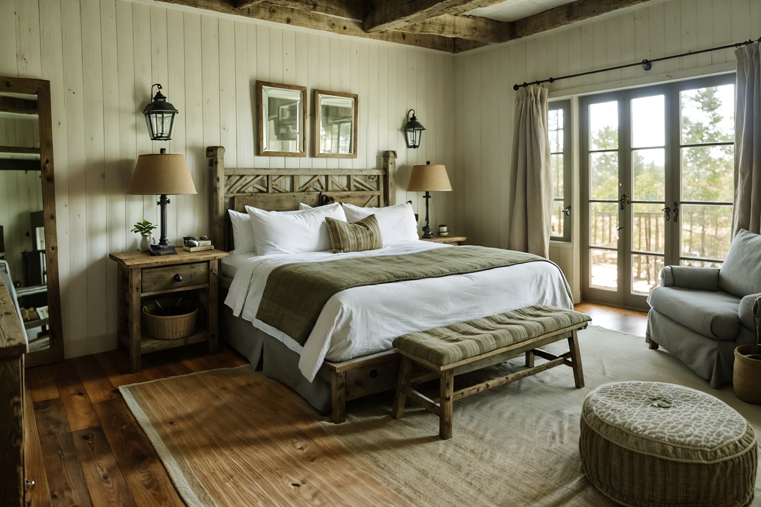 cottagecore-style (hotel room interior) with bed and mirror and night light and hotel bathroom and plant and storage bench or ottoman and bedside table or night stand and accent chair. . with earthy and natural and country style and rustic and traditional and cottage style and muted colors and organic. . cinematic photo, highly detailed, cinematic lighting, ultra-detailed, ultrarealistic, photorealism, 8k. cottagecore interior design style. masterpiece, cinematic light, ultrarealistic+, photorealistic+, 8k, raw photo, realistic, sharp focus on eyes, (symmetrical eyes), (intact eyes), hyperrealistic, highest quality, best quality, , highly detailed, masterpiece, best quality, extremely detailed 8k wallpaper, masterpiece, best quality, ultra-detailed, best shadow, detailed background, detailed face, detailed eyes, high contrast, best illumination, detailed face, dulux, caustic, dynamic angle, detailed glow. dramatic lighting. highly detailed, insanely detailed hair, symmetrical, intricate details, professionally retouched, 8k high definition. strong bokeh. award winning photo.