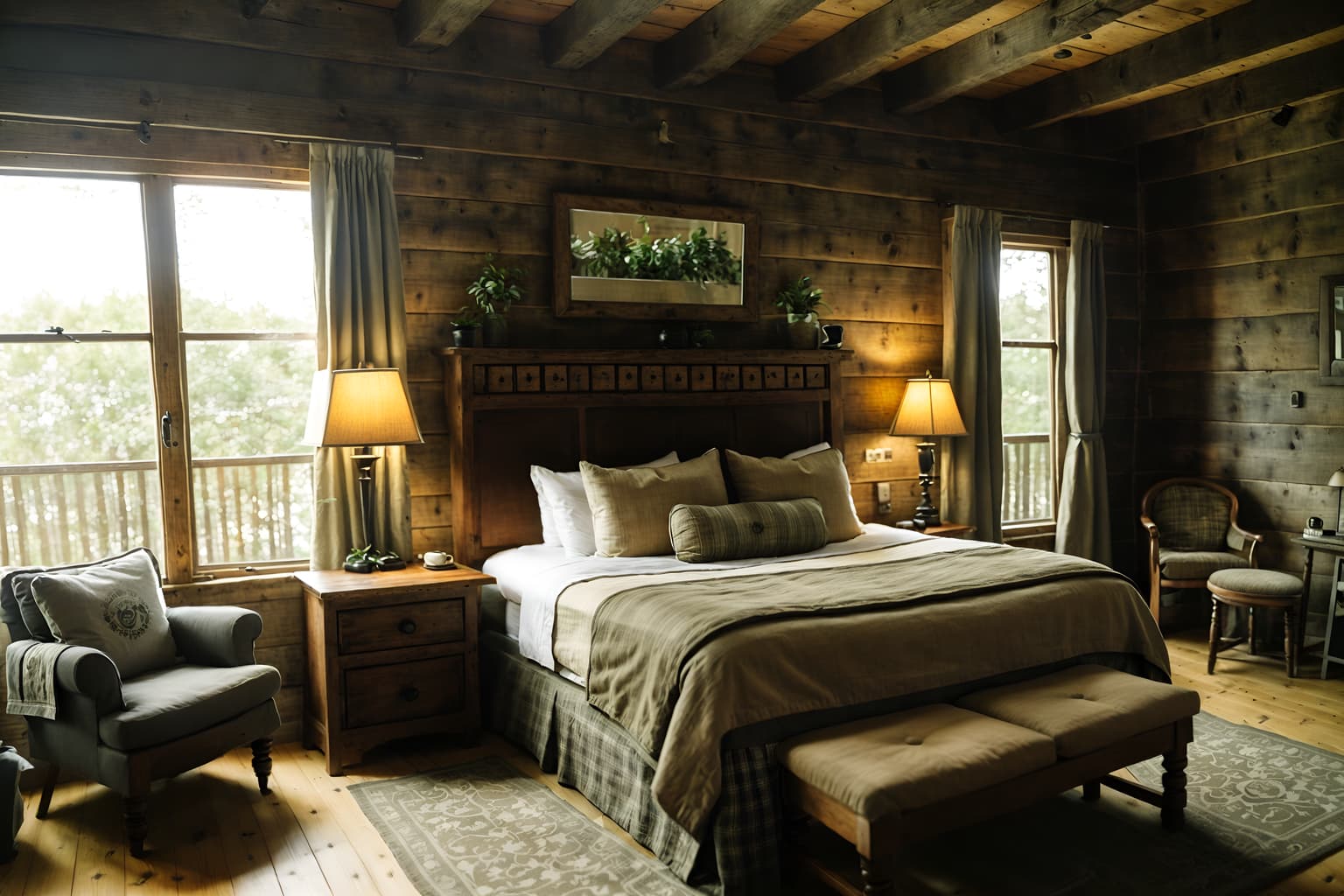 cottagecore-style (hotel room interior) with bed and mirror and night light and hotel bathroom and plant and storage bench or ottoman and bedside table or night stand and accent chair. . with earthy and natural and country style and rustic and traditional and cottage style and muted colors and organic. . cinematic photo, highly detailed, cinematic lighting, ultra-detailed, ultrarealistic, photorealism, 8k. cottagecore interior design style. masterpiece, cinematic light, ultrarealistic+, photorealistic+, 8k, raw photo, realistic, sharp focus on eyes, (symmetrical eyes), (intact eyes), hyperrealistic, highest quality, best quality, , highly detailed, masterpiece, best quality, extremely detailed 8k wallpaper, masterpiece, best quality, ultra-detailed, best shadow, detailed background, detailed face, detailed eyes, high contrast, best illumination, detailed face, dulux, caustic, dynamic angle, detailed glow. dramatic lighting. highly detailed, insanely detailed hair, symmetrical, intricate details, professionally retouched, 8k high definition. strong bokeh. award winning photo.