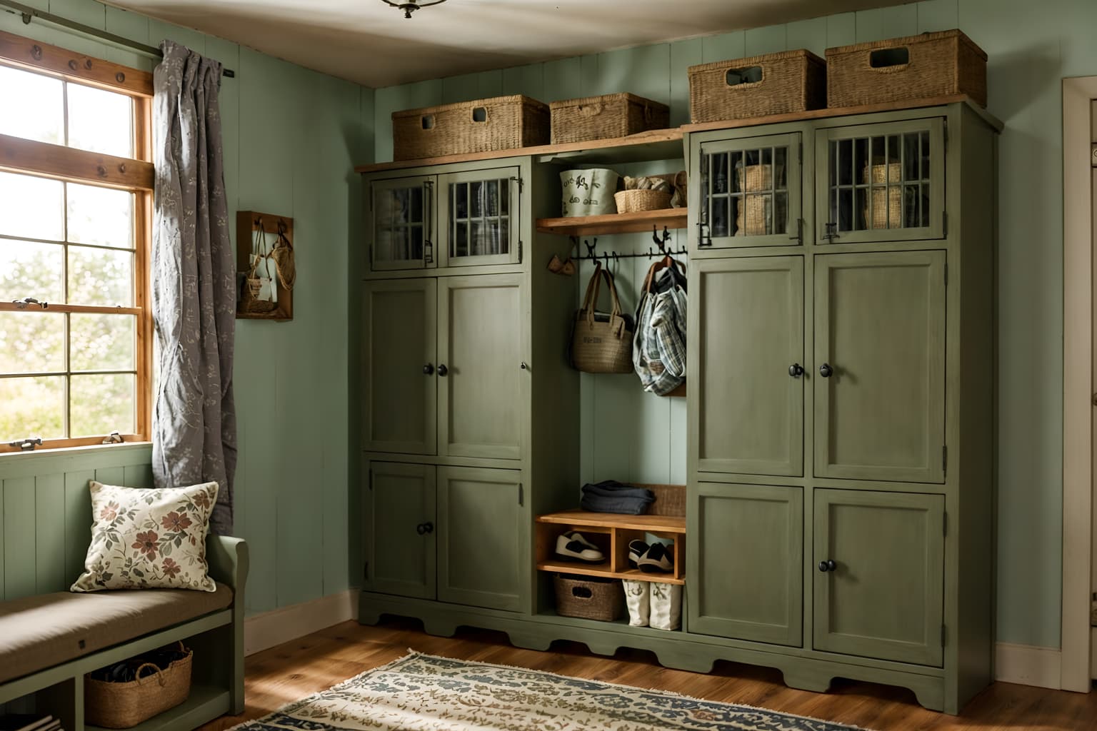 cottagecore-style (drop zone interior) with lockers and a bench and cubbies and shelves for shoes and high up storage and storage drawers and cabinets and wall hooks for coats. . with floral patterns and cottage style and rustic and natural and country style and muted colors and traditional and earthy. . cinematic photo, highly detailed, cinematic lighting, ultra-detailed, ultrarealistic, photorealism, 8k. cottagecore interior design style. masterpiece, cinematic light, ultrarealistic+, photorealistic+, 8k, raw photo, realistic, sharp focus on eyes, (symmetrical eyes), (intact eyes), hyperrealistic, highest quality, best quality, , highly detailed, masterpiece, best quality, extremely detailed 8k wallpaper, masterpiece, best quality, ultra-detailed, best shadow, detailed background, detailed face, detailed eyes, high contrast, best illumination, detailed face, dulux, caustic, dynamic angle, detailed glow. dramatic lighting. highly detailed, insanely detailed hair, symmetrical, intricate details, professionally retouched, 8k high definition. strong bokeh. award winning photo.