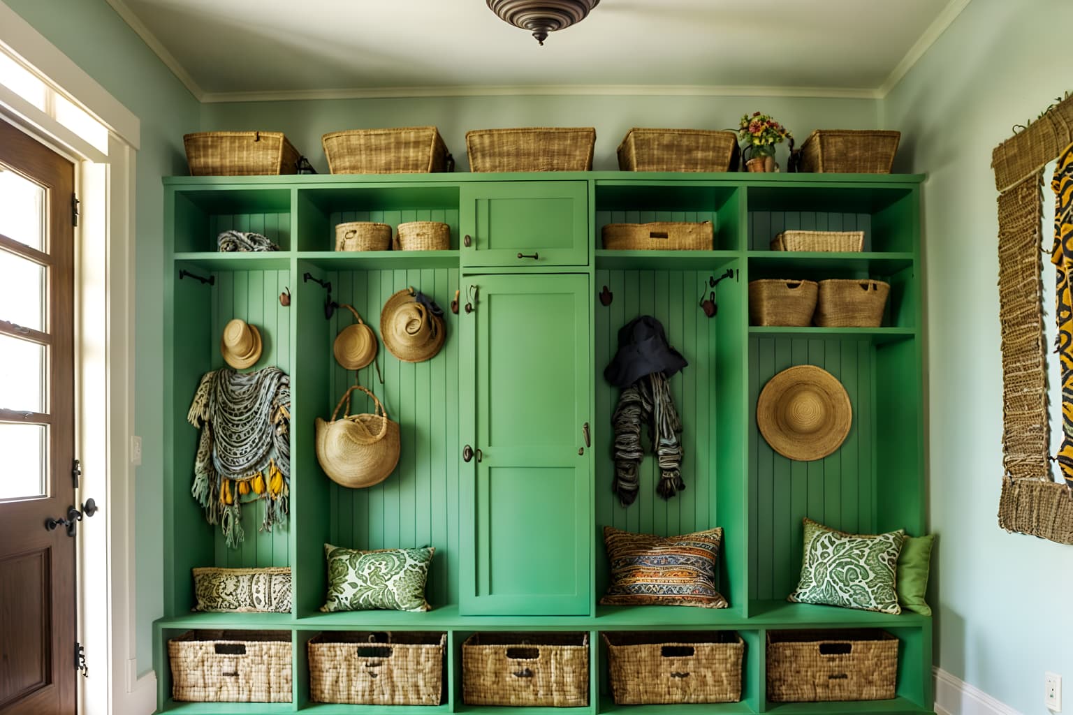 bohemian-style (mudroom interior) with cubbies and storage baskets and high up storage and storage drawers and shelves for shoes and wall hooks for coats and a bench and cabinets. . with carefree layers of pattern, texture, and color and a lack of structure and animal hides and playful colors and mixed patterns and natural materials and bold patterns and lush green nature. . cinematic photo, highly detailed, cinematic lighting, ultra-detailed, ultrarealistic, photorealism, 8k. bohemian interior design style. masterpiece, cinematic light, ultrarealistic+, photorealistic+, 8k, raw photo, realistic, sharp focus on eyes, (symmetrical eyes), (intact eyes), hyperrealistic, highest quality, best quality, , highly detailed, masterpiece, best quality, extremely detailed 8k wallpaper, masterpiece, best quality, ultra-detailed, best shadow, detailed background, detailed face, detailed eyes, high contrast, best illumination, detailed face, dulux, caustic, dynamic angle, detailed glow. dramatic lighting. highly detailed, insanely detailed hair, symmetrical, intricate details, professionally retouched, 8k high definition. strong bokeh. award winning photo.