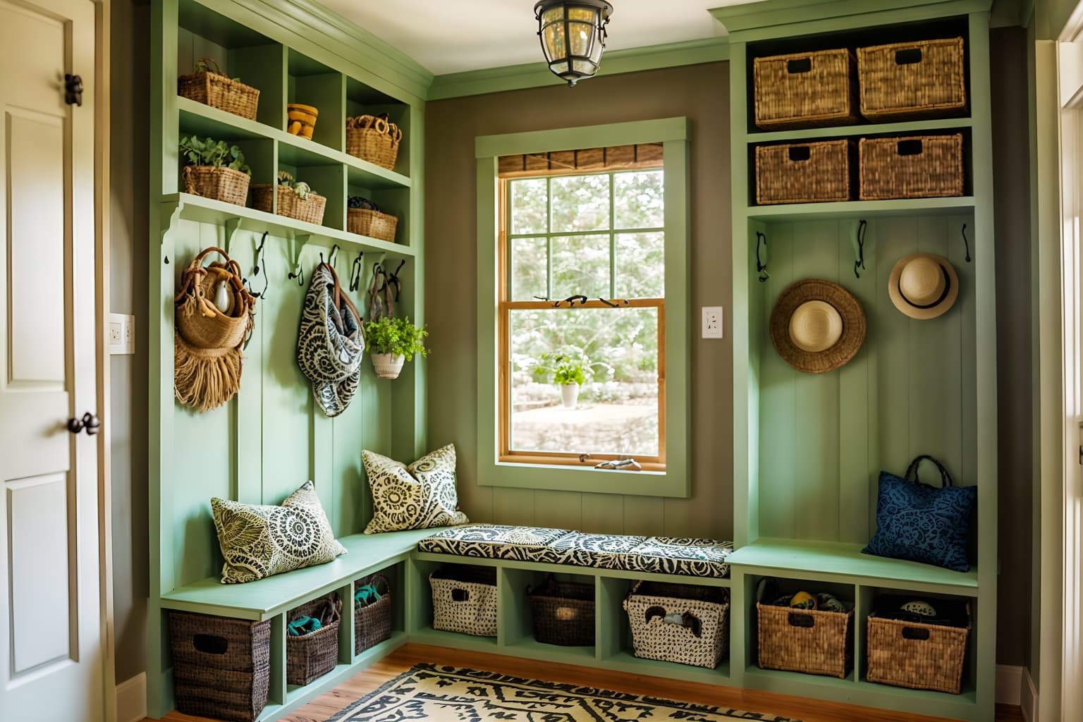 bohemian-style (mudroom interior) with cubbies and storage baskets and high up storage and storage drawers and shelves for shoes and wall hooks for coats and a bench and cabinets. . with carefree layers of pattern, texture, and color and a lack of structure and animal hides and playful colors and mixed patterns and natural materials and bold patterns and lush green nature. . cinematic photo, highly detailed, cinematic lighting, ultra-detailed, ultrarealistic, photorealism, 8k. bohemian interior design style. masterpiece, cinematic light, ultrarealistic+, photorealistic+, 8k, raw photo, realistic, sharp focus on eyes, (symmetrical eyes), (intact eyes), hyperrealistic, highest quality, best quality, , highly detailed, masterpiece, best quality, extremely detailed 8k wallpaper, masterpiece, best quality, ultra-detailed, best shadow, detailed background, detailed face, detailed eyes, high contrast, best illumination, detailed face, dulux, caustic, dynamic angle, detailed glow. dramatic lighting. highly detailed, insanely detailed hair, symmetrical, intricate details, professionally retouched, 8k high definition. strong bokeh. award winning photo.
