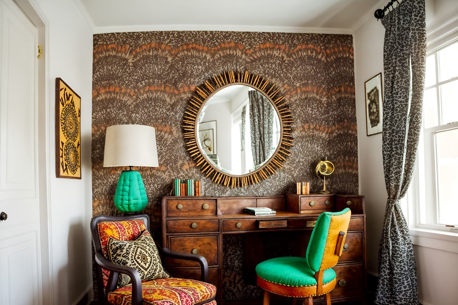 bohemian-style (hotel room interior) with headboard and working desk with desk chair and bed and hotel bathroom and accent chair and dresser closet and mirror and night light. . with woods and animal hides and bold colors and bold patterns and carefree layers of pattern, texture, and color and travel trinkets and playful colors and playful patterns. . cinematic photo, highly detailed, cinematic lighting, ultra-detailed, ultrarealistic, photorealism, 8k. bohemian interior design style. masterpiece, cinematic light, ultrarealistic+, photorealistic+, 8k, raw photo, realistic, sharp focus on eyes, (symmetrical eyes), (intact eyes), hyperrealistic, highest quality, best quality, , highly detailed, masterpiece, best quality, extremely detailed 8k wallpaper, masterpiece, best quality, ultra-detailed, best shadow, detailed background, detailed face, detailed eyes, high contrast, best illumination, detailed face, dulux, caustic, dynamic angle, detailed glow. dramatic lighting. highly detailed, insanely detailed hair, symmetrical, intricate details, professionally retouched, 8k high definition. strong bokeh. award winning photo.