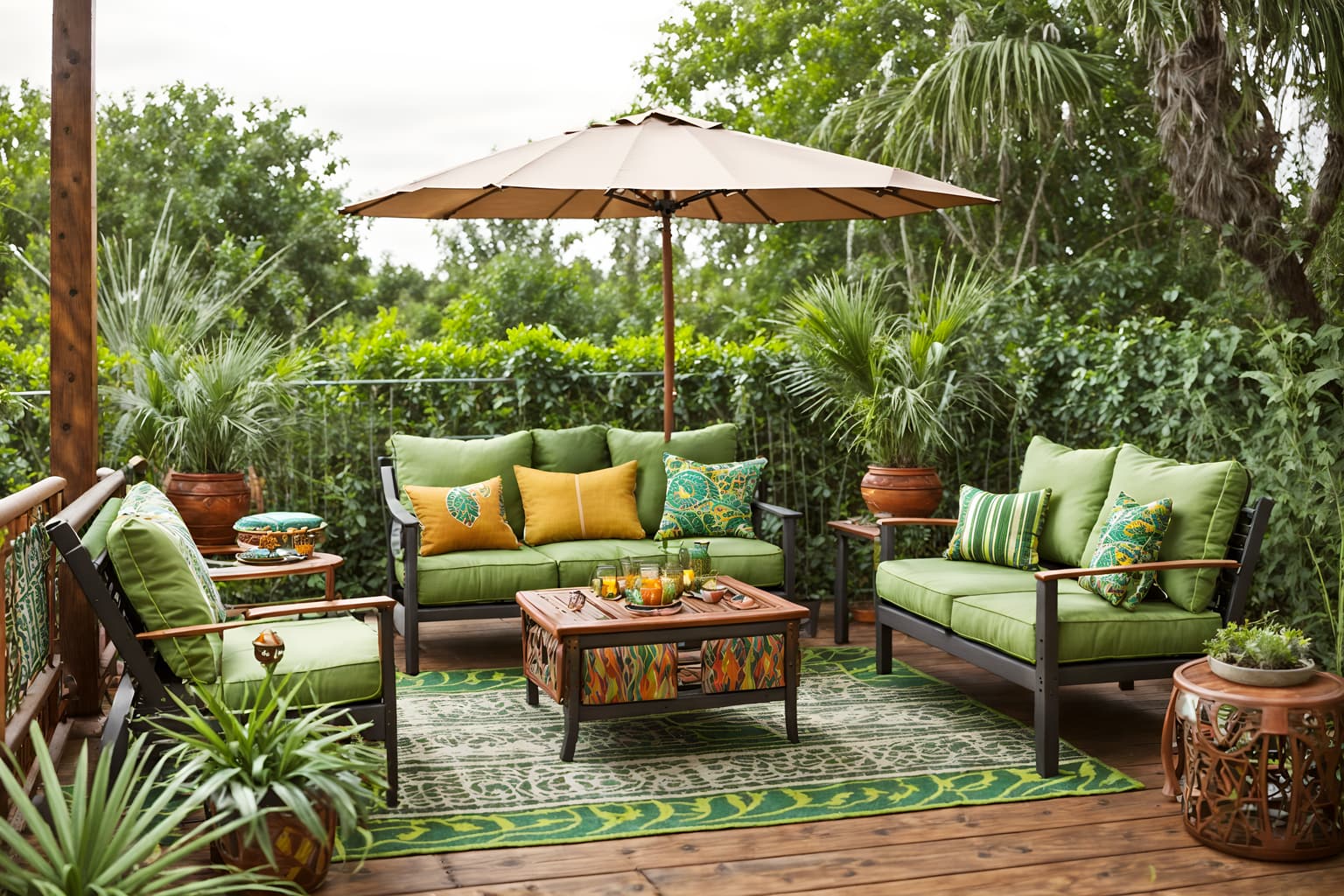 bohemian-style designed (outdoor patio ) with deck with deck chairs and barbeque or grill and patio couch with pillows and plant and grass and deck with deck chairs. . with travel trinkets and mixed patterns and playful textures and bold patterns and lush green nature and woods and carefree layers of pattern, texture, and color and bold colors. . cinematic photo, highly detailed, cinematic lighting, ultra-detailed, ultrarealistic, photorealism, 8k. bohemian design style. masterpiece, cinematic light, ultrarealistic+, photorealistic+, 8k, raw photo, realistic, sharp focus on eyes, (symmetrical eyes), (intact eyes), hyperrealistic, highest quality, best quality, , highly detailed, masterpiece, best quality, extremely detailed 8k wallpaper, masterpiece, best quality, ultra-detailed, best shadow, detailed background, detailed face, detailed eyes, high contrast, best illumination, detailed face, dulux, caustic, dynamic angle, detailed glow. dramatic lighting. highly detailed, insanely detailed hair, symmetrical, intricate details, professionally retouched, 8k high definition. strong bokeh. award winning photo.