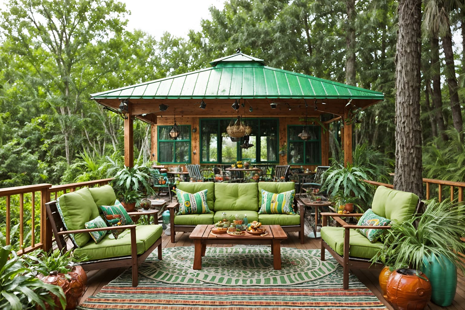 bohemian-style designed (outdoor patio ) with deck with deck chairs and barbeque or grill and patio couch with pillows and plant and grass and deck with deck chairs. . with travel trinkets and mixed patterns and playful textures and bold patterns and lush green nature and woods and carefree layers of pattern, texture, and color and bold colors. . cinematic photo, highly detailed, cinematic lighting, ultra-detailed, ultrarealistic, photorealism, 8k. bohemian design style. masterpiece, cinematic light, ultrarealistic+, photorealistic+, 8k, raw photo, realistic, sharp focus on eyes, (symmetrical eyes), (intact eyes), hyperrealistic, highest quality, best quality, , highly detailed, masterpiece, best quality, extremely detailed 8k wallpaper, masterpiece, best quality, ultra-detailed, best shadow, detailed background, detailed face, detailed eyes, high contrast, best illumination, detailed face, dulux, caustic, dynamic angle, detailed glow. dramatic lighting. highly detailed, insanely detailed hair, symmetrical, intricate details, professionally retouched, 8k high definition. strong bokeh. award winning photo.