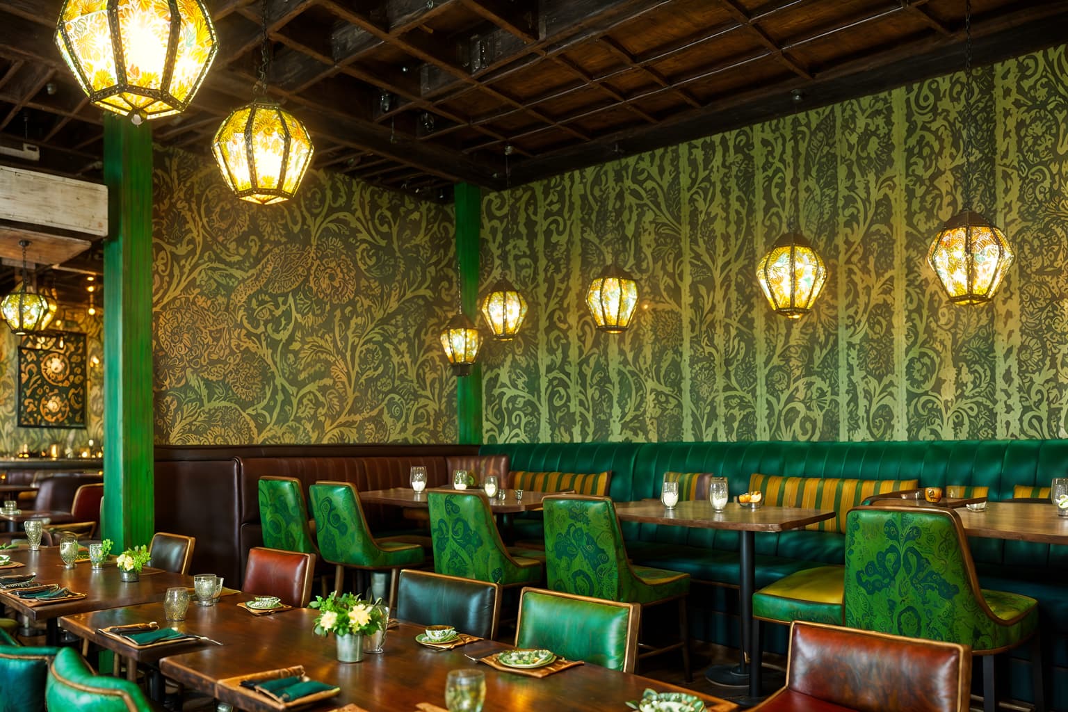 bohemian-style (restaurant interior) with restaurant chairs and restaurant dining tables and restaurant decor and restaurant bar and restaurant chairs. . with metals and mixed patterns and natural materials and bold patterns and lush green nature and carefree layers of pattern, texture, and color and playful patterns and playful colors. . cinematic photo, highly detailed, cinematic lighting, ultra-detailed, ultrarealistic, photorealism, 8k. bohemian interior design style. masterpiece, cinematic light, ultrarealistic+, photorealistic+, 8k, raw photo, realistic, sharp focus on eyes, (symmetrical eyes), (intact eyes), hyperrealistic, highest quality, best quality, , highly detailed, masterpiece, best quality, extremely detailed 8k wallpaper, masterpiece, best quality, ultra-detailed, best shadow, detailed background, detailed face, detailed eyes, high contrast, best illumination, detailed face, dulux, caustic, dynamic angle, detailed glow. dramatic lighting. highly detailed, insanely detailed hair, symmetrical, intricate details, professionally retouched, 8k high definition. strong bokeh. award winning photo.