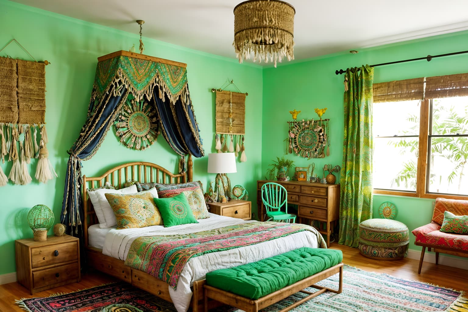 bohemian-style (kids room interior) with mirror and kids desk and storage bench or ottoman and dresser closet and headboard and bedside table or night stand and bed and night light. . with playful textures and natural materials and carefree layers of pattern, texture, and color and bold patterns and mixed patterns and playful colors and lush green nature and travel trinkets. . cinematic photo, highly detailed, cinematic lighting, ultra-detailed, ultrarealistic, photorealism, 8k. bohemian interior design style. masterpiece, cinematic light, ultrarealistic+, photorealistic+, 8k, raw photo, realistic, sharp focus on eyes, (symmetrical eyes), (intact eyes), hyperrealistic, highest quality, best quality, , highly detailed, masterpiece, best quality, extremely detailed 8k wallpaper, masterpiece, best quality, ultra-detailed, best shadow, detailed background, detailed face, detailed eyes, high contrast, best illumination, detailed face, dulux, caustic, dynamic angle, detailed glow. dramatic lighting. highly detailed, insanely detailed hair, symmetrical, intricate details, professionally retouched, 8k high definition. strong bokeh. award winning photo.