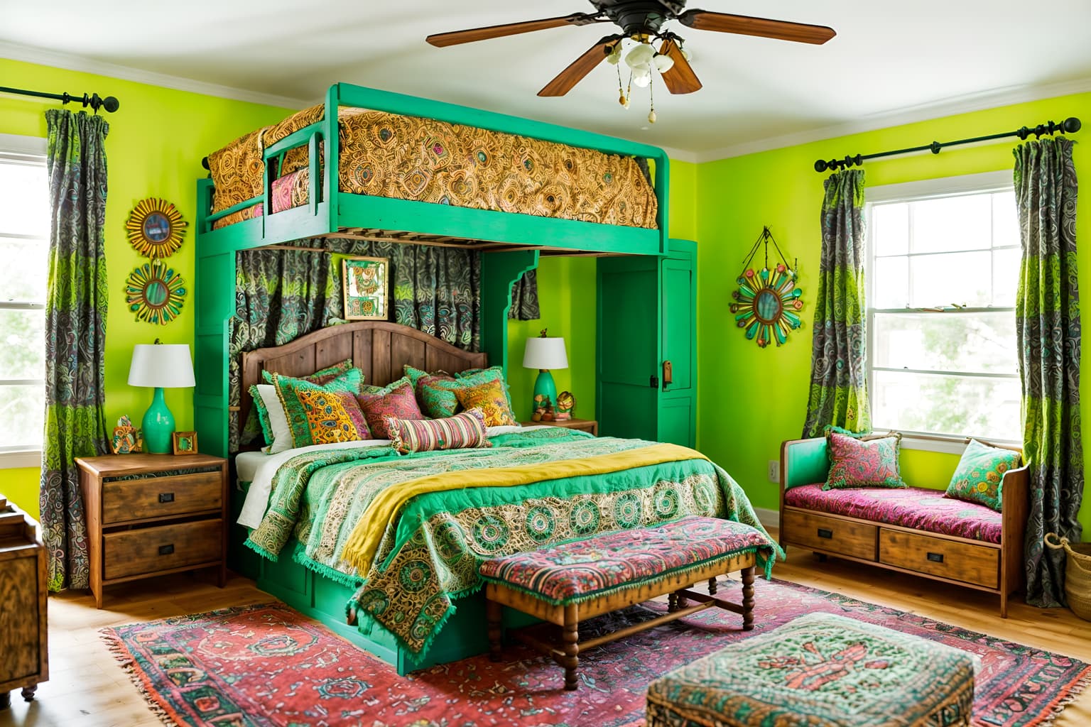 bohemian-style (kids room interior) with mirror and kids desk and storage bench or ottoman and dresser closet and headboard and bedside table or night stand and bed and night light. . with playful textures and natural materials and carefree layers of pattern, texture, and color and bold patterns and mixed patterns and playful colors and lush green nature and travel trinkets. . cinematic photo, highly detailed, cinematic lighting, ultra-detailed, ultrarealistic, photorealism, 8k. bohemian interior design style. masterpiece, cinematic light, ultrarealistic+, photorealistic+, 8k, raw photo, realistic, sharp focus on eyes, (symmetrical eyes), (intact eyes), hyperrealistic, highest quality, best quality, , highly detailed, masterpiece, best quality, extremely detailed 8k wallpaper, masterpiece, best quality, ultra-detailed, best shadow, detailed background, detailed face, detailed eyes, high contrast, best illumination, detailed face, dulux, caustic, dynamic angle, detailed glow. dramatic lighting. highly detailed, insanely detailed hair, symmetrical, intricate details, professionally retouched, 8k high definition. strong bokeh. award winning photo.