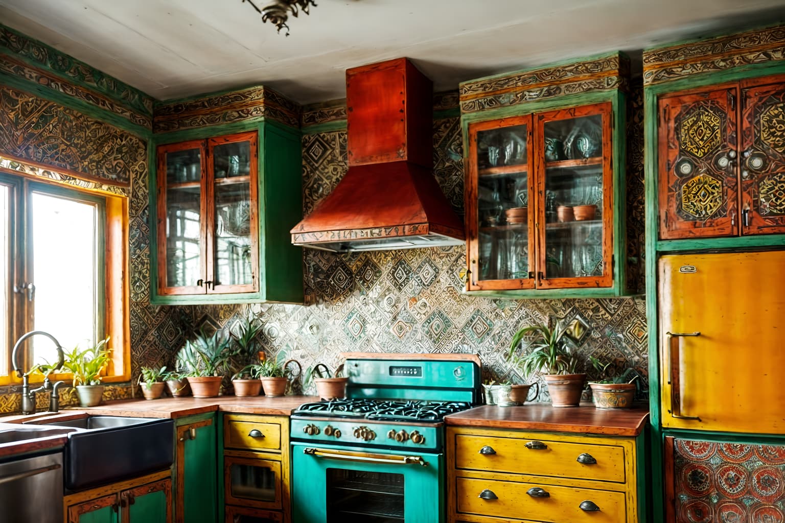 bohemian-style (kitchen interior) with kitchen cabinets and plant and refrigerator and stove and sink and worktops and kitchen cabinets. . with playful textures and a lack of structure and playful patterns and bold colors and playful colors and metals and carefree layers of pattern, texture, and color and animal hides. . cinematic photo, highly detailed, cinematic lighting, ultra-detailed, ultrarealistic, photorealism, 8k. bohemian interior design style. masterpiece, cinematic light, ultrarealistic+, photorealistic+, 8k, raw photo, realistic, sharp focus on eyes, (symmetrical eyes), (intact eyes), hyperrealistic, highest quality, best quality, , highly detailed, masterpiece, best quality, extremely detailed 8k wallpaper, masterpiece, best quality, ultra-detailed, best shadow, detailed background, detailed face, detailed eyes, high contrast, best illumination, detailed face, dulux, caustic, dynamic angle, detailed glow. dramatic lighting. highly detailed, insanely detailed hair, symmetrical, intricate details, professionally retouched, 8k high definition. strong bokeh. award winning photo.