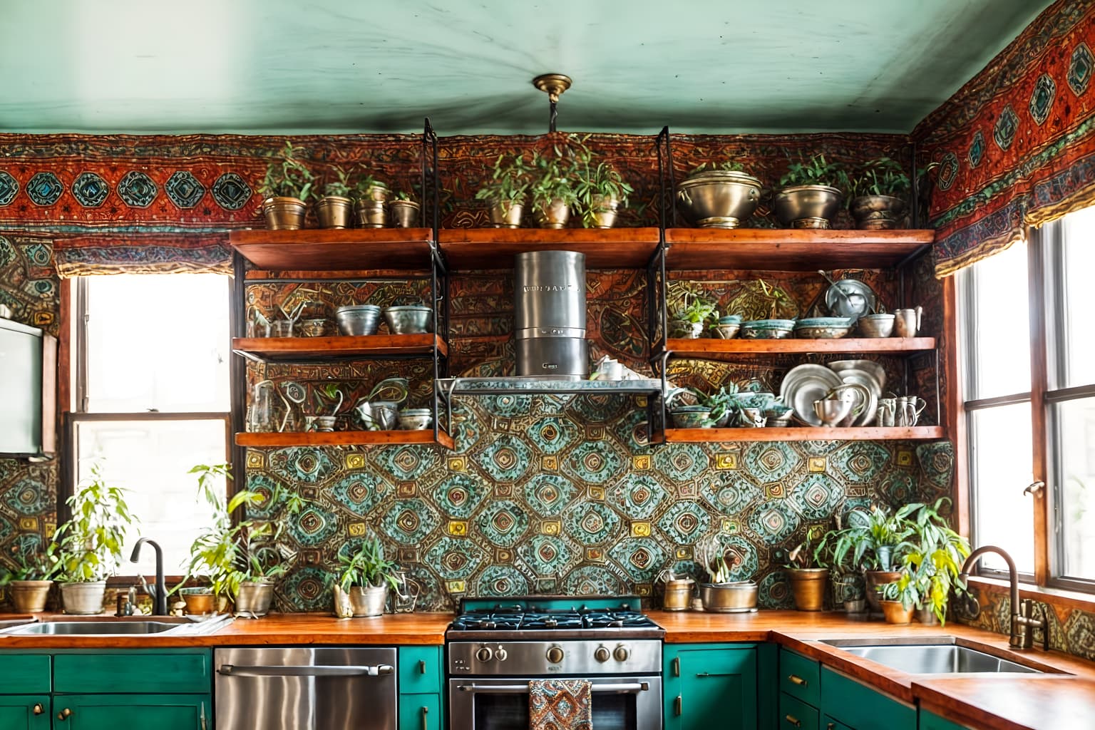 bohemian-style (kitchen interior) with kitchen cabinets and plant and refrigerator and stove and sink and worktops and kitchen cabinets. . with playful textures and a lack of structure and playful patterns and bold colors and playful colors and metals and carefree layers of pattern, texture, and color and animal hides. . cinematic photo, highly detailed, cinematic lighting, ultra-detailed, ultrarealistic, photorealism, 8k. bohemian interior design style. masterpiece, cinematic light, ultrarealistic+, photorealistic+, 8k, raw photo, realistic, sharp focus on eyes, (symmetrical eyes), (intact eyes), hyperrealistic, highest quality, best quality, , highly detailed, masterpiece, best quality, extremely detailed 8k wallpaper, masterpiece, best quality, ultra-detailed, best shadow, detailed background, detailed face, detailed eyes, high contrast, best illumination, detailed face, dulux, caustic, dynamic angle, detailed glow. dramatic lighting. highly detailed, insanely detailed hair, symmetrical, intricate details, professionally retouched, 8k high definition. strong bokeh. award winning photo.