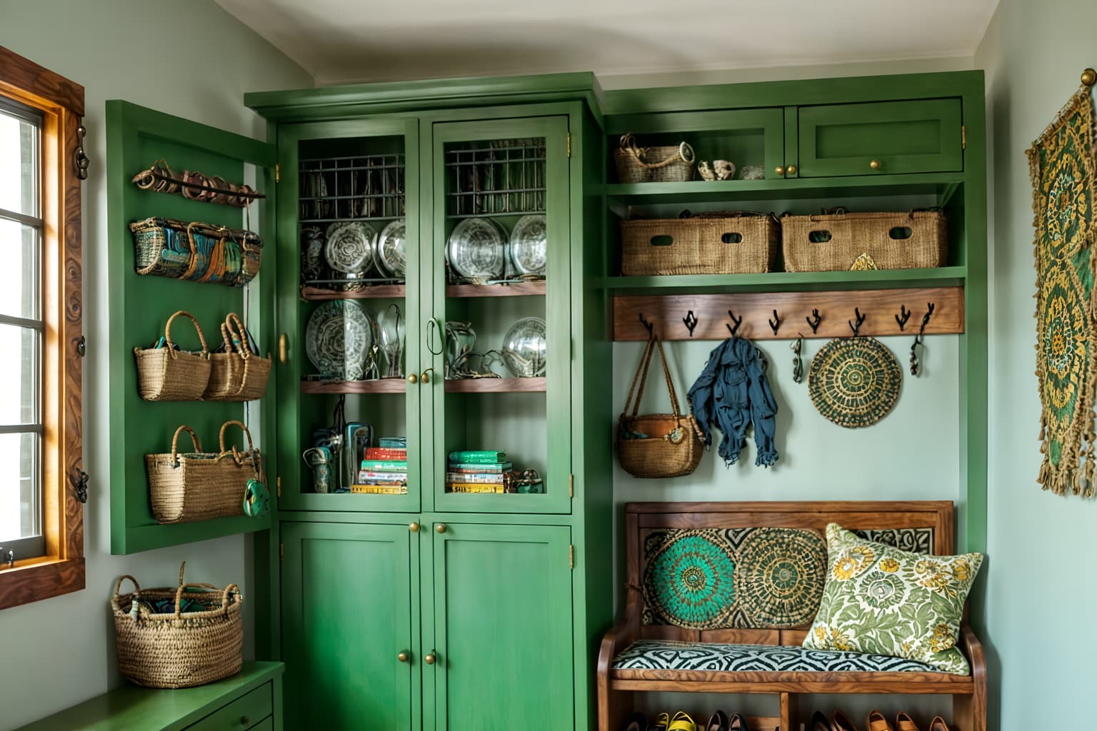 bohemian-style (drop zone interior) with wall hooks for coats and cubbies and storage drawers and high up storage and cabinets and storage baskets and shelves for shoes and a bench. . with playful textures and bold patterns and playful patterns and metals and a lack of structure and bold colors and travel trinkets and lush green nature. . cinematic photo, highly detailed, cinematic lighting, ultra-detailed, ultrarealistic, photorealism, 8k. bohemian interior design style. masterpiece, cinematic light, ultrarealistic+, photorealistic+, 8k, raw photo, realistic, sharp focus on eyes, (symmetrical eyes), (intact eyes), hyperrealistic, highest quality, best quality, , highly detailed, masterpiece, best quality, extremely detailed 8k wallpaper, masterpiece, best quality, ultra-detailed, best shadow, detailed background, detailed face, detailed eyes, high contrast, best illumination, detailed face, dulux, caustic, dynamic angle, detailed glow. dramatic lighting. highly detailed, insanely detailed hair, symmetrical, intricate details, professionally retouched, 8k high definition. strong bokeh. award winning photo.