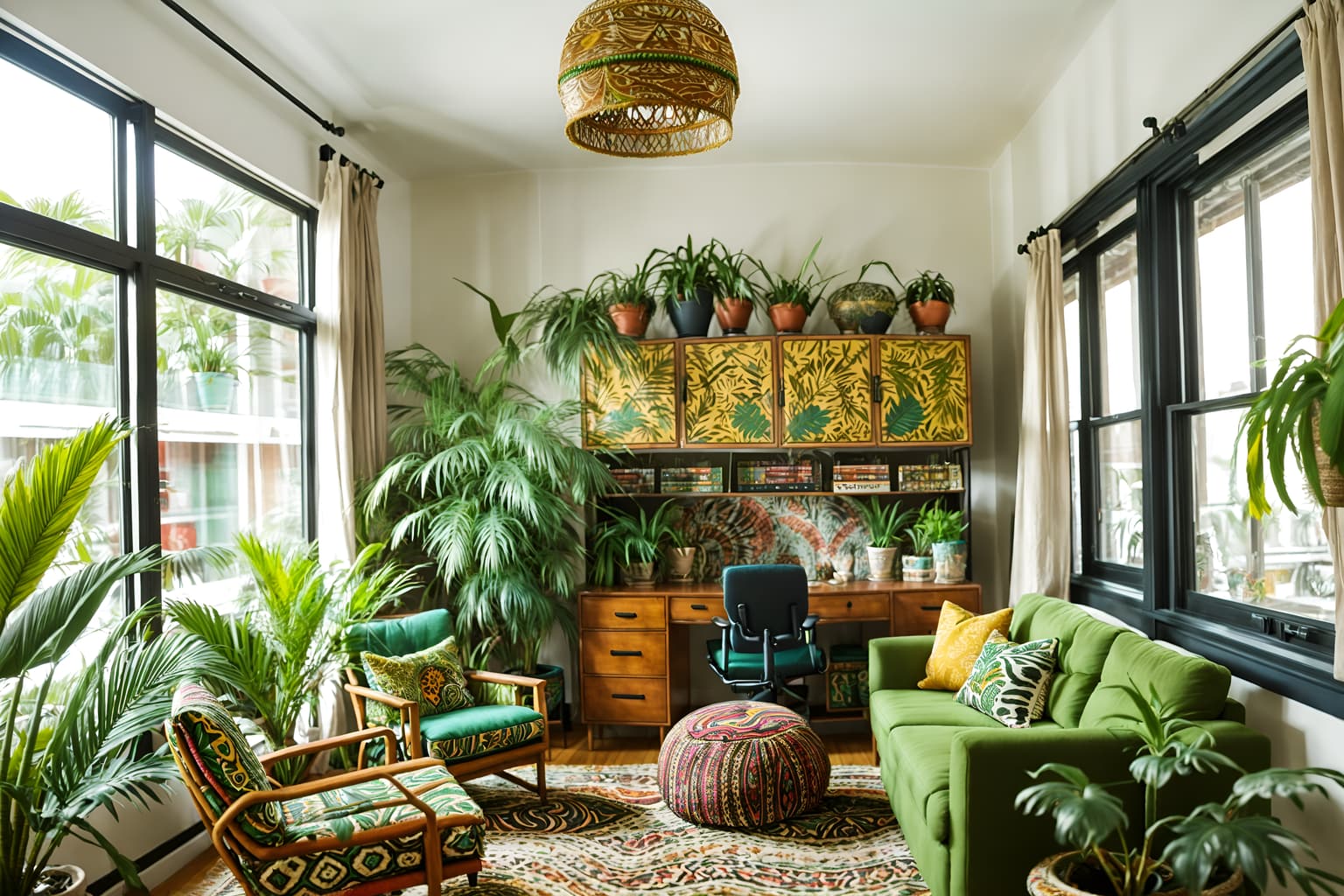 bohemian-style (office interior) with seating area with sofa and lounge chairs and cabinets and office desks and windows and computer desks and office chairs and plants. . with carefree layers of pattern, texture, and color and lush green nature and travel trinkets and bold patterns and playful colors and animal hides and natural materials and playful patterns. . cinematic photo, highly detailed, cinematic lighting, ultra-detailed, ultrarealistic, photorealism, 8k. bohemian interior design style. masterpiece, cinematic light, ultrarealistic+, photorealistic+, 8k, raw photo, realistic, sharp focus on eyes, (symmetrical eyes), (intact eyes), hyperrealistic, highest quality, best quality, , highly detailed, masterpiece, best quality, extremely detailed 8k wallpaper, masterpiece, best quality, ultra-detailed, best shadow, detailed background, detailed face, detailed eyes, high contrast, best illumination, detailed face, dulux, caustic, dynamic angle, detailed glow. dramatic lighting. highly detailed, insanely detailed hair, symmetrical, intricate details, professionally retouched, 8k high definition. strong bokeh. award winning photo.