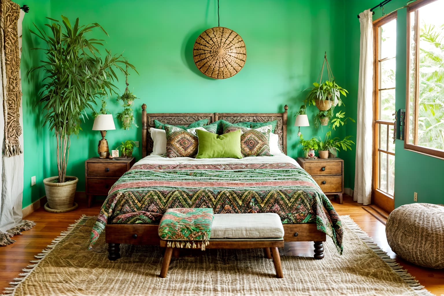 bohemian-style (bedroom interior) with plant and storage bench or ottoman and bed and dresser closet and headboard and accent chair and bedside table or night stand and night light. . with woods and playful colors and a lack of structure and lush green nature and bold patterns and natural materials and mixed patterns and carefree layers of pattern, texture, and color. . cinematic photo, highly detailed, cinematic lighting, ultra-detailed, ultrarealistic, photorealism, 8k. bohemian interior design style. masterpiece, cinematic light, ultrarealistic+, photorealistic+, 8k, raw photo, realistic, sharp focus on eyes, (symmetrical eyes), (intact eyes), hyperrealistic, highest quality, best quality, , highly detailed, masterpiece, best quality, extremely detailed 8k wallpaper, masterpiece, best quality, ultra-detailed, best shadow, detailed background, detailed face, detailed eyes, high contrast, best illumination, detailed face, dulux, caustic, dynamic angle, detailed glow. dramatic lighting. highly detailed, insanely detailed hair, symmetrical, intricate details, professionally retouched, 8k high definition. strong bokeh. award winning photo.