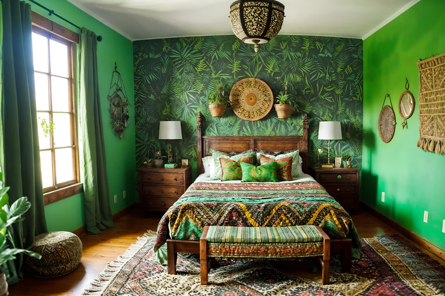 bohemian-style (bedroom interior) with plant and storage bench or ottoman and bed and dresser closet and headboard and accent chair and bedside table or night stand and night light. . with woods and playful colors and a lack of structure and lush green nature and bold patterns and natural materials and mixed patterns and carefree layers of pattern, texture, and color. . cinematic photo, highly detailed, cinematic lighting, ultra-detailed, ultrarealistic, photorealism, 8k. bohemian interior design style. masterpiece, cinematic light, ultrarealistic+, photorealistic+, 8k, raw photo, realistic, sharp focus on eyes, (symmetrical eyes), (intact eyes), hyperrealistic, highest quality, best quality, , highly detailed, masterpiece, best quality, extremely detailed 8k wallpaper, masterpiece, best quality, ultra-detailed, best shadow, detailed background, detailed face, detailed eyes, high contrast, best illumination, detailed face, dulux, caustic, dynamic angle, detailed glow. dramatic lighting. highly detailed, insanely detailed hair, symmetrical, intricate details, professionally retouched, 8k high definition. strong bokeh. award winning photo.