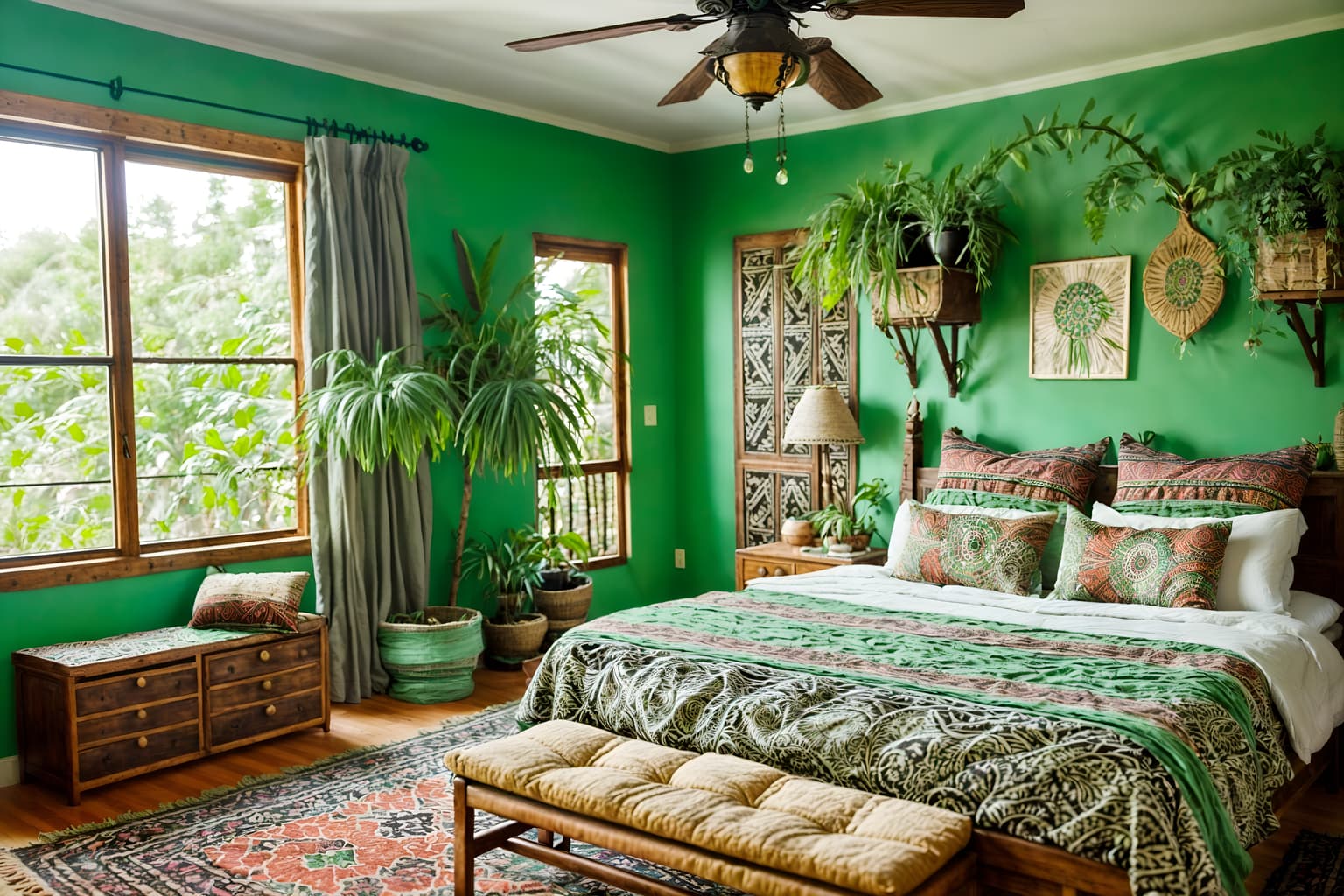 bohemian-style (bedroom interior) with plant and storage bench or ottoman and bed and dresser closet and headboard and accent chair and bedside table or night stand and night light. . with woods and playful colors and a lack of structure and lush green nature and bold patterns and natural materials and mixed patterns and carefree layers of pattern, texture, and color. . cinematic photo, highly detailed, cinematic lighting, ultra-detailed, ultrarealistic, photorealism, 8k. bohemian interior design style. masterpiece, cinematic light, ultrarealistic+, photorealistic+, 8k, raw photo, realistic, sharp focus on eyes, (symmetrical eyes), (intact eyes), hyperrealistic, highest quality, best quality, , highly detailed, masterpiece, best quality, extremely detailed 8k wallpaper, masterpiece, best quality, ultra-detailed, best shadow, detailed background, detailed face, detailed eyes, high contrast, best illumination, detailed face, dulux, caustic, dynamic angle, detailed glow. dramatic lighting. highly detailed, insanely detailed hair, symmetrical, intricate details, professionally retouched, 8k high definition. strong bokeh. award winning photo.