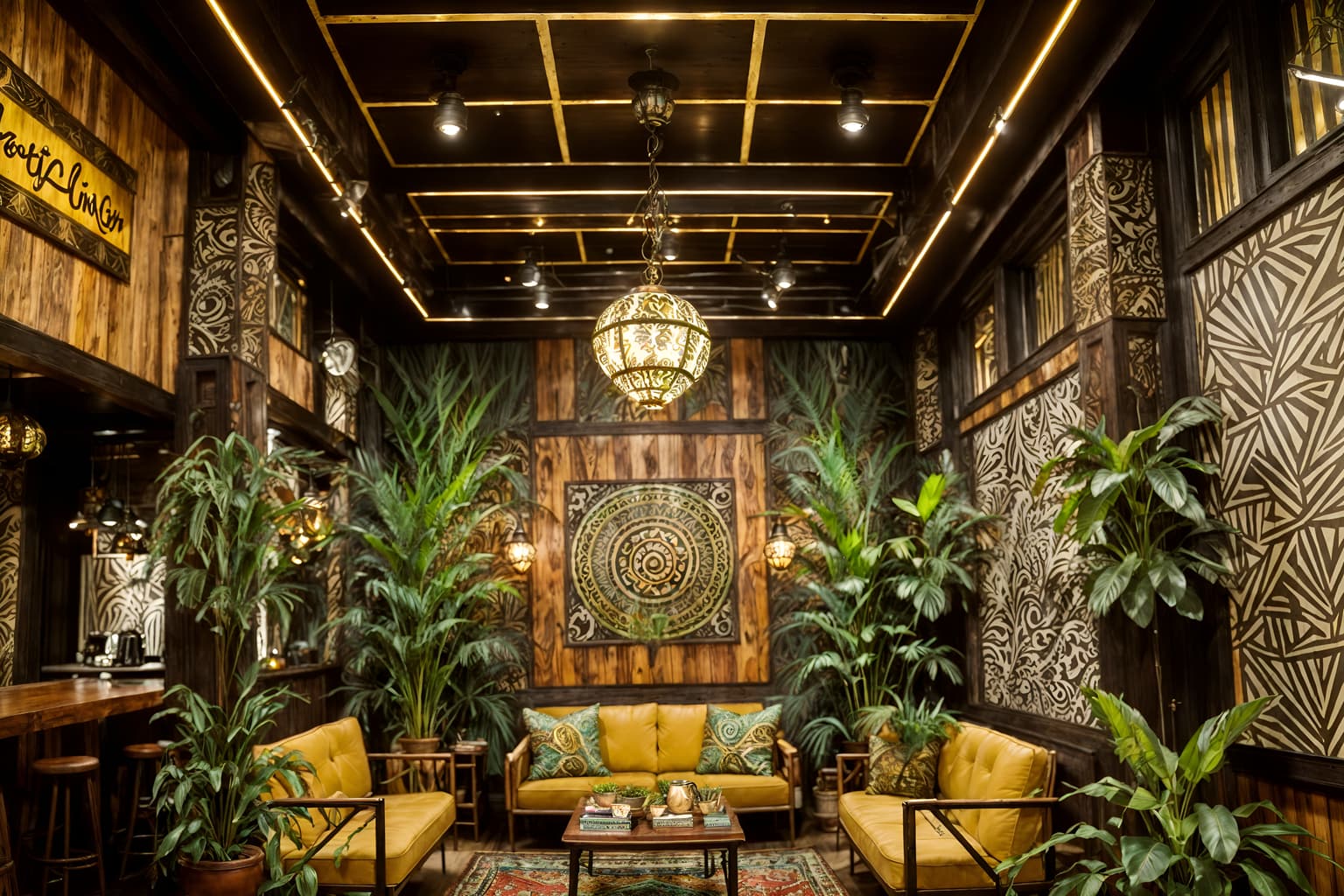 bohemian-style (coffee shop interior) . with metals and playful patterns and bold patterns and carefree layers of pattern, texture, and color and mixed patterns and woods and travel trinkets and lush green nature. . cinematic photo, highly detailed, cinematic lighting, ultra-detailed, ultrarealistic, photorealism, 8k. bohemian interior design style. masterpiece, cinematic light, ultrarealistic+, photorealistic+, 8k, raw photo, realistic, sharp focus on eyes, (symmetrical eyes), (intact eyes), hyperrealistic, highest quality, best quality, , highly detailed, masterpiece, best quality, extremely detailed 8k wallpaper, masterpiece, best quality, ultra-detailed, best shadow, detailed background, detailed face, detailed eyes, high contrast, best illumination, detailed face, dulux, caustic, dynamic angle, detailed glow. dramatic lighting. highly detailed, insanely detailed hair, symmetrical, intricate details, professionally retouched, 8k high definition. strong bokeh. award winning photo.
