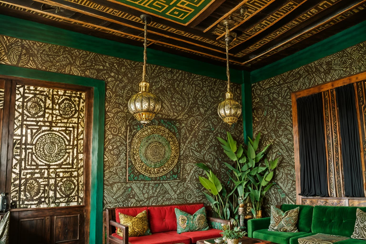 bohemian-style (coffee shop interior) . with metals and playful patterns and bold patterns and carefree layers of pattern, texture, and color and mixed patterns and woods and travel trinkets and lush green nature. . cinematic photo, highly detailed, cinematic lighting, ultra-detailed, ultrarealistic, photorealism, 8k. bohemian interior design style. masterpiece, cinematic light, ultrarealistic+, photorealistic+, 8k, raw photo, realistic, sharp focus on eyes, (symmetrical eyes), (intact eyes), hyperrealistic, highest quality, best quality, , highly detailed, masterpiece, best quality, extremely detailed 8k wallpaper, masterpiece, best quality, ultra-detailed, best shadow, detailed background, detailed face, detailed eyes, high contrast, best illumination, detailed face, dulux, caustic, dynamic angle, detailed glow. dramatic lighting. highly detailed, insanely detailed hair, symmetrical, intricate details, professionally retouched, 8k high definition. strong bokeh. award winning photo.
