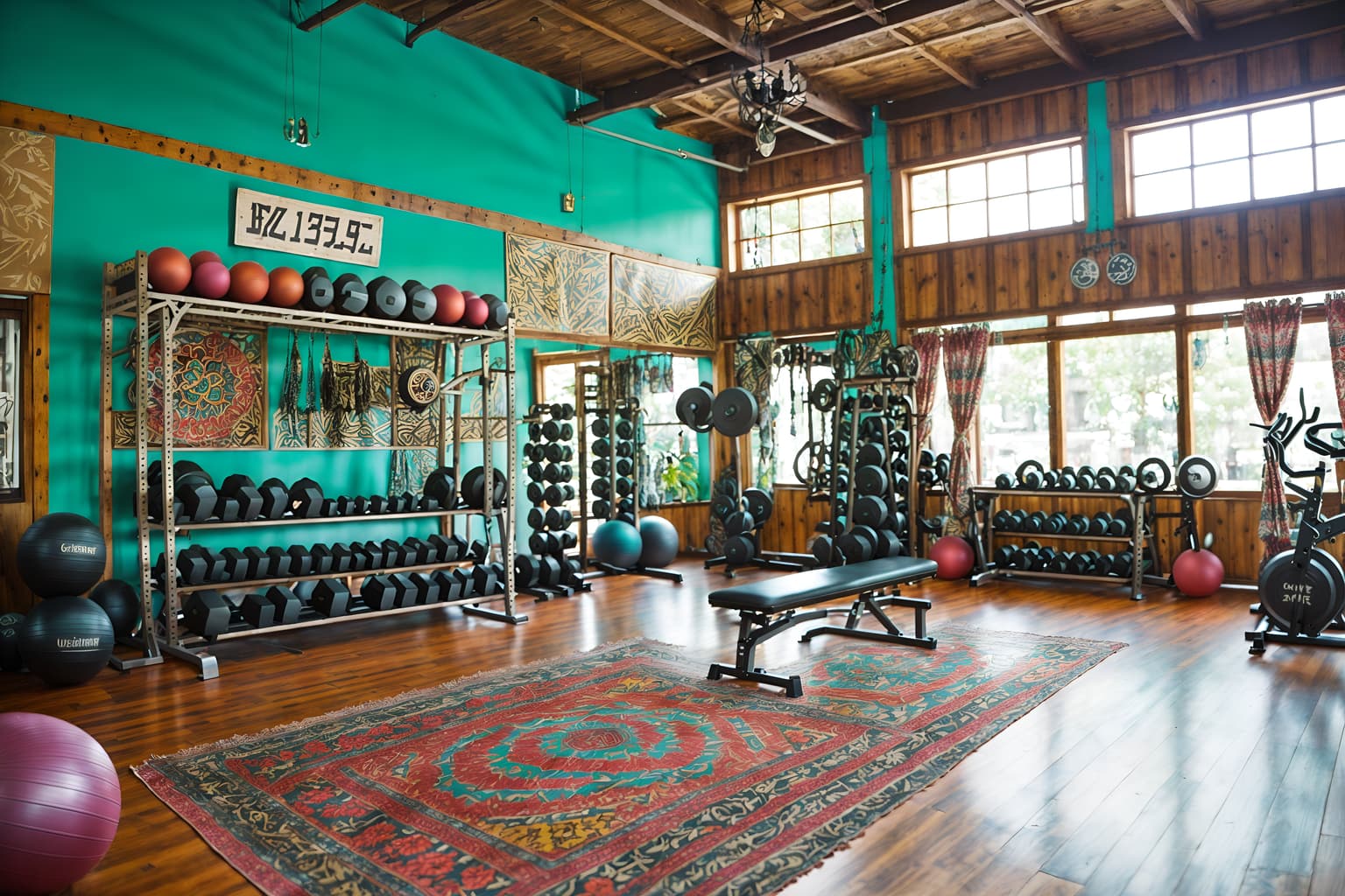 bohemian-style (fitness gym interior) with squat rack and exercise bicycle and crosstrainer and bench press and dumbbell stand and squat rack. . with carefree layers of pattern, texture, and color and metals and playful colors and bold colors and a lack of structure and woods and travel trinkets and bold patterns. . cinematic photo, highly detailed, cinematic lighting, ultra-detailed, ultrarealistic, photorealism, 8k. bohemian interior design style. masterpiece, cinematic light, ultrarealistic+, photorealistic+, 8k, raw photo, realistic, sharp focus on eyes, (symmetrical eyes), (intact eyes), hyperrealistic, highest quality, best quality, , highly detailed, masterpiece, best quality, extremely detailed 8k wallpaper, masterpiece, best quality, ultra-detailed, best shadow, detailed background, detailed face, detailed eyes, high contrast, best illumination, detailed face, dulux, caustic, dynamic angle, detailed glow. dramatic lighting. highly detailed, insanely detailed hair, symmetrical, intricate details, professionally retouched, 8k high definition. strong bokeh. award winning photo.