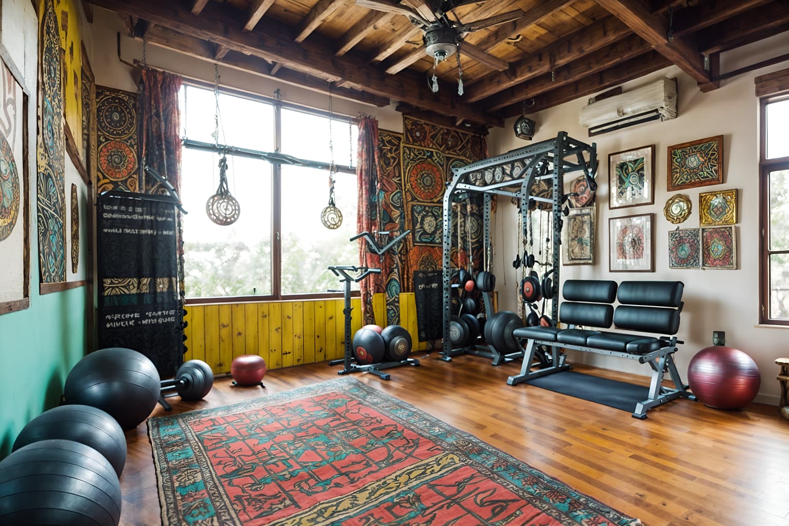 bohemian-style (fitness gym interior) with squat rack and exercise bicycle and crosstrainer and bench press and dumbbell stand and squat rack. . with carefree layers of pattern, texture, and color and metals and playful colors and bold colors and a lack of structure and woods and travel trinkets and bold patterns. . cinematic photo, highly detailed, cinematic lighting, ultra-detailed, ultrarealistic, photorealism, 8k. bohemian interior design style. masterpiece, cinematic light, ultrarealistic+, photorealistic+, 8k, raw photo, realistic, sharp focus on eyes, (symmetrical eyes), (intact eyes), hyperrealistic, highest quality, best quality, , highly detailed, masterpiece, best quality, extremely detailed 8k wallpaper, masterpiece, best quality, ultra-detailed, best shadow, detailed background, detailed face, detailed eyes, high contrast, best illumination, detailed face, dulux, caustic, dynamic angle, detailed glow. dramatic lighting. highly detailed, insanely detailed hair, symmetrical, intricate details, professionally retouched, 8k high definition. strong bokeh. award winning photo.