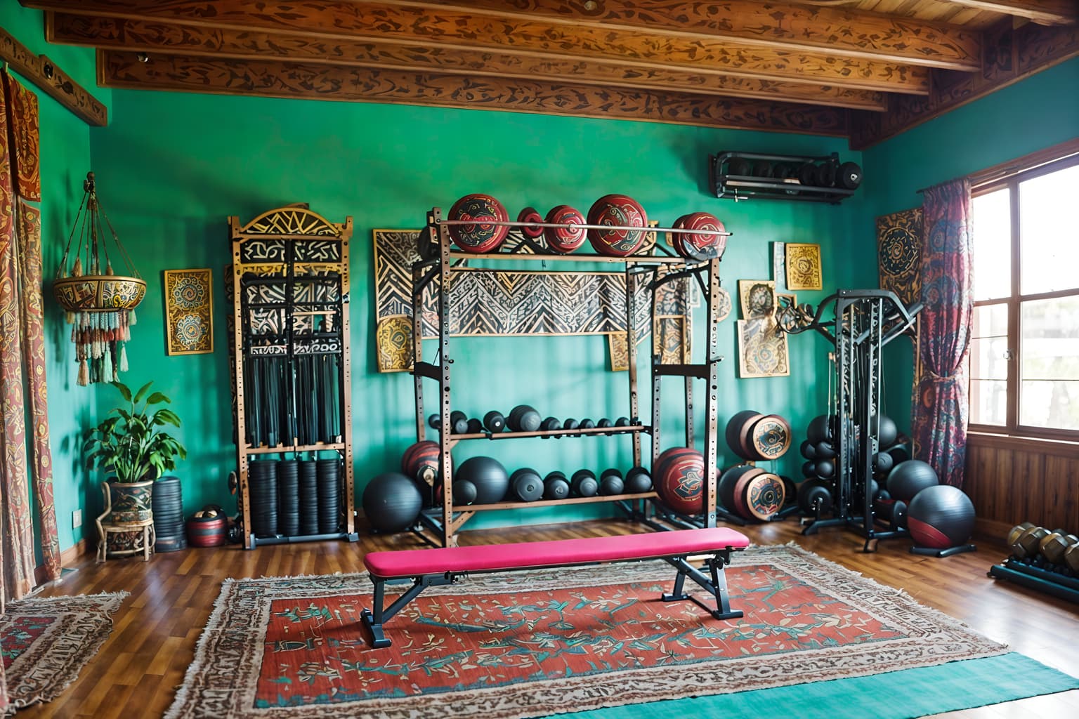 bohemian-style (fitness gym interior) with squat rack and exercise bicycle and crosstrainer and bench press and dumbbell stand and squat rack. . with carefree layers of pattern, texture, and color and metals and playful colors and bold colors and a lack of structure and woods and travel trinkets and bold patterns. . cinematic photo, highly detailed, cinematic lighting, ultra-detailed, ultrarealistic, photorealism, 8k. bohemian interior design style. masterpiece, cinematic light, ultrarealistic+, photorealistic+, 8k, raw photo, realistic, sharp focus on eyes, (symmetrical eyes), (intact eyes), hyperrealistic, highest quality, best quality, , highly detailed, masterpiece, best quality, extremely detailed 8k wallpaper, masterpiece, best quality, ultra-detailed, best shadow, detailed background, detailed face, detailed eyes, high contrast, best illumination, detailed face, dulux, caustic, dynamic angle, detailed glow. dramatic lighting. highly detailed, insanely detailed hair, symmetrical, intricate details, professionally retouched, 8k high definition. strong bokeh. award winning photo.