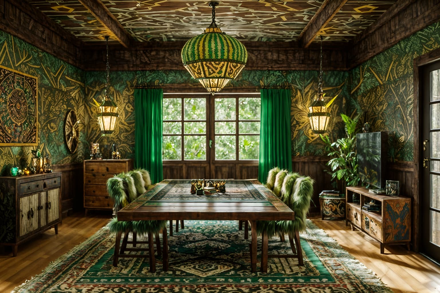 bohemian-style (gaming room interior) . with metals and woods and playful textures and bold patterns and animal hides and lush green nature and carefree layers of pattern, texture, and color and natural materials. . cinematic photo, highly detailed, cinematic lighting, ultra-detailed, ultrarealistic, photorealism, 8k. bohemian interior design style. masterpiece, cinematic light, ultrarealistic+, photorealistic+, 8k, raw photo, realistic, sharp focus on eyes, (symmetrical eyes), (intact eyes), hyperrealistic, highest quality, best quality, , highly detailed, masterpiece, best quality, extremely detailed 8k wallpaper, masterpiece, best quality, ultra-detailed, best shadow, detailed background, detailed face, detailed eyes, high contrast, best illumination, detailed face, dulux, caustic, dynamic angle, detailed glow. dramatic lighting. highly detailed, insanely detailed hair, symmetrical, intricate details, professionally retouched, 8k high definition. strong bokeh. award winning photo.