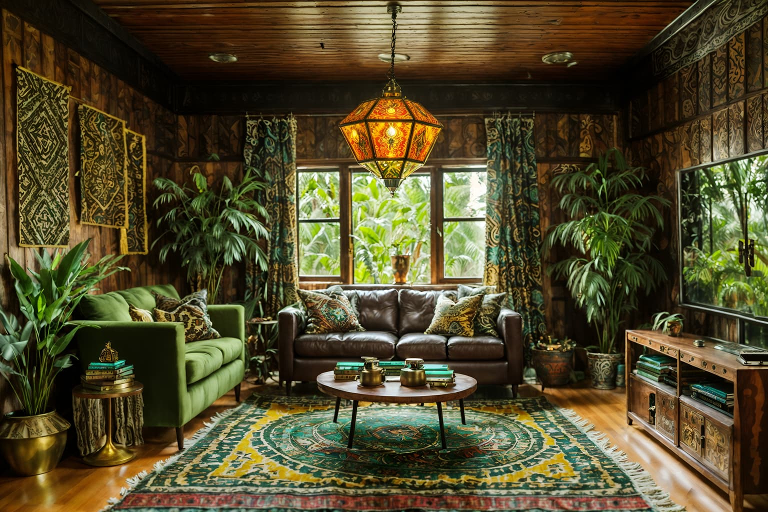 bohemian-style (gaming room interior) . with metals and woods and playful textures and bold patterns and animal hides and lush green nature and carefree layers of pattern, texture, and color and natural materials. . cinematic photo, highly detailed, cinematic lighting, ultra-detailed, ultrarealistic, photorealism, 8k. bohemian interior design style. masterpiece, cinematic light, ultrarealistic+, photorealistic+, 8k, raw photo, realistic, sharp focus on eyes, (symmetrical eyes), (intact eyes), hyperrealistic, highest quality, best quality, , highly detailed, masterpiece, best quality, extremely detailed 8k wallpaper, masterpiece, best quality, ultra-detailed, best shadow, detailed background, detailed face, detailed eyes, high contrast, best illumination, detailed face, dulux, caustic, dynamic angle, detailed glow. dramatic lighting. highly detailed, insanely detailed hair, symmetrical, intricate details, professionally retouched, 8k high definition. strong bokeh. award winning photo.